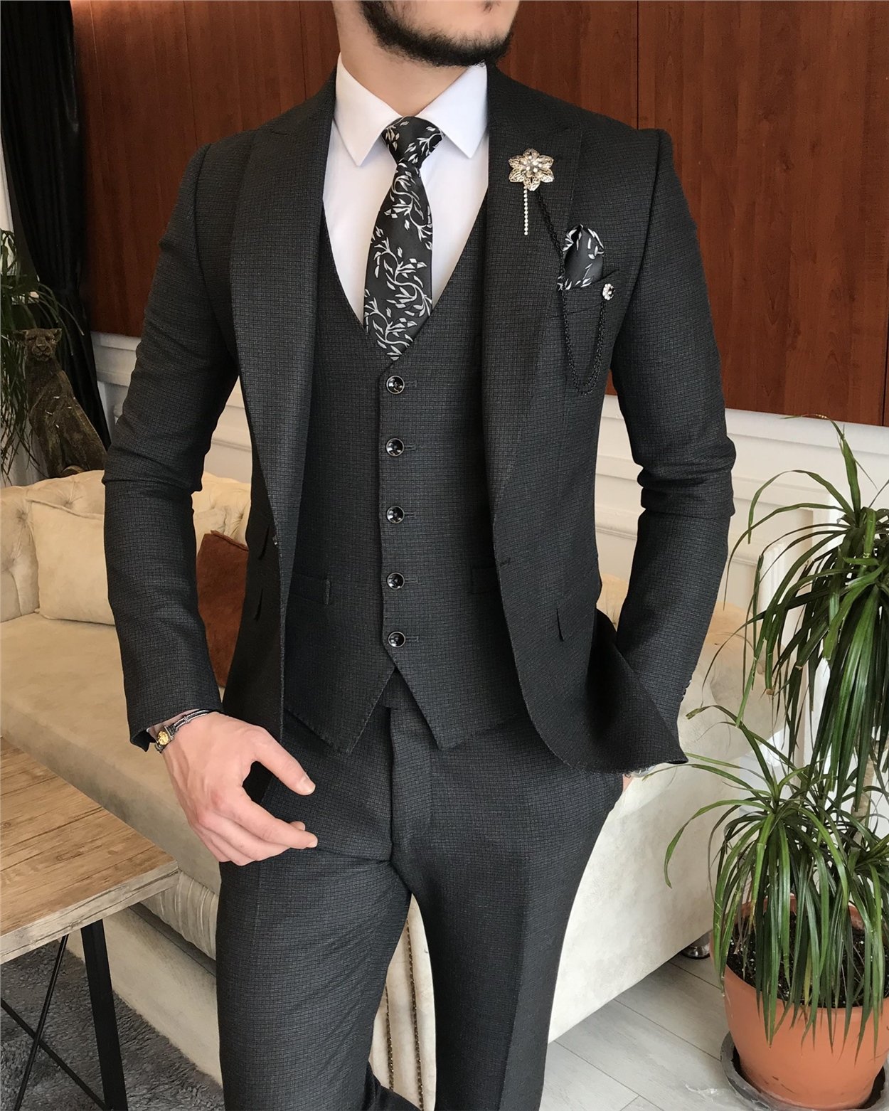İtalyan stil ceket yelek pantolon siyah 8 drop takım T7034