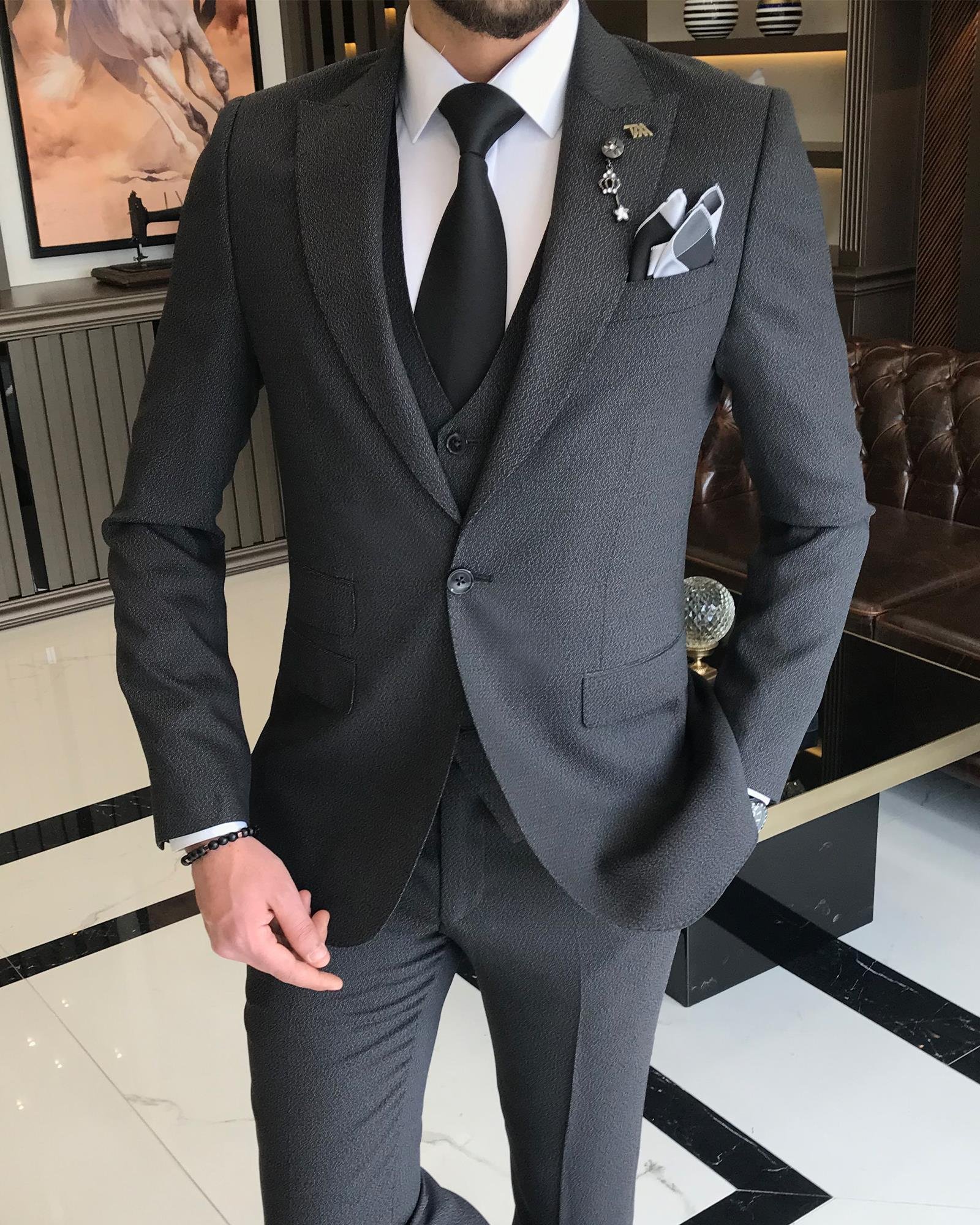 Italian Style Jacket Vest Trousers Suit Black T8628