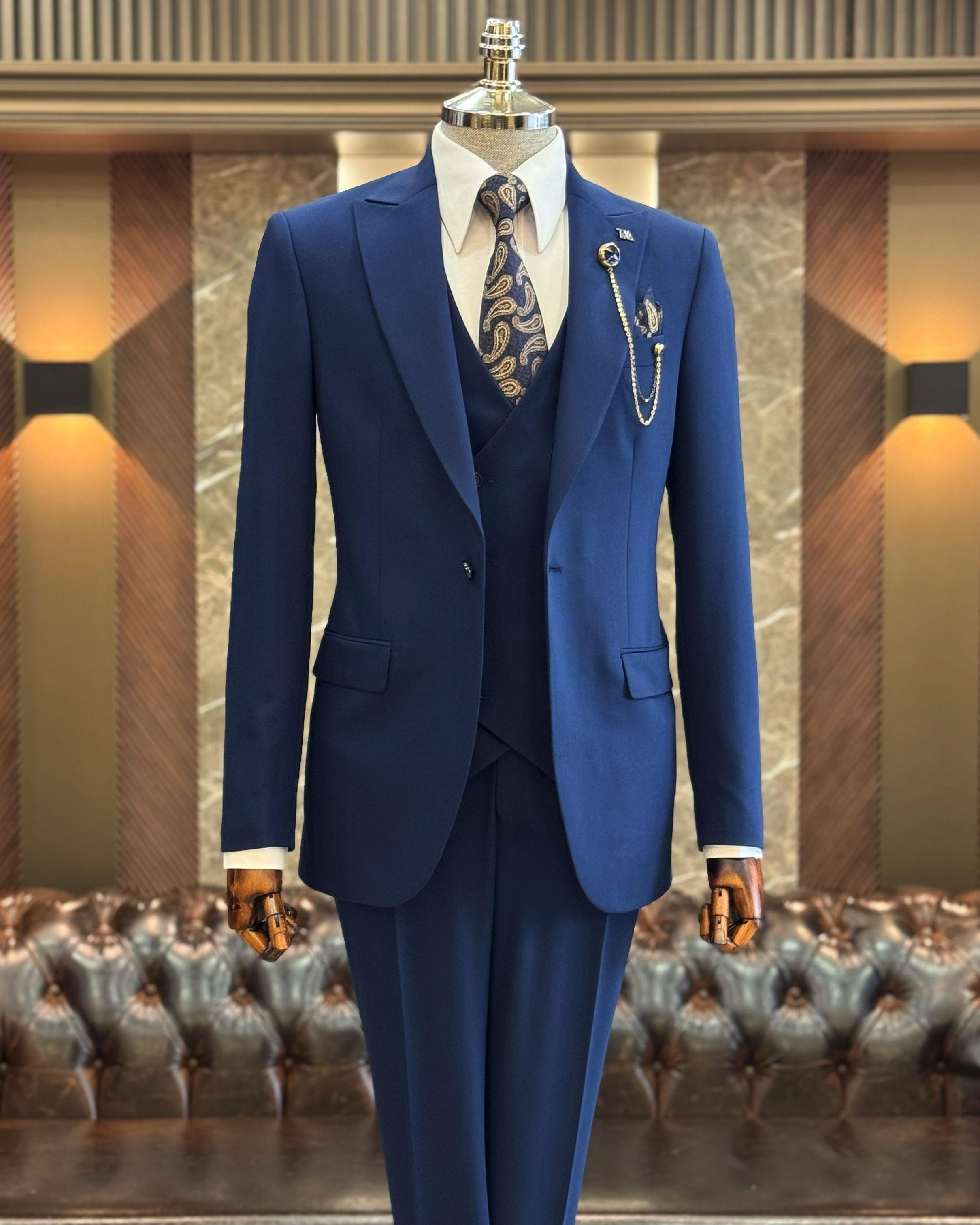 İtalyan stil ceket yelek pantolon takım elbise lacivert T12003