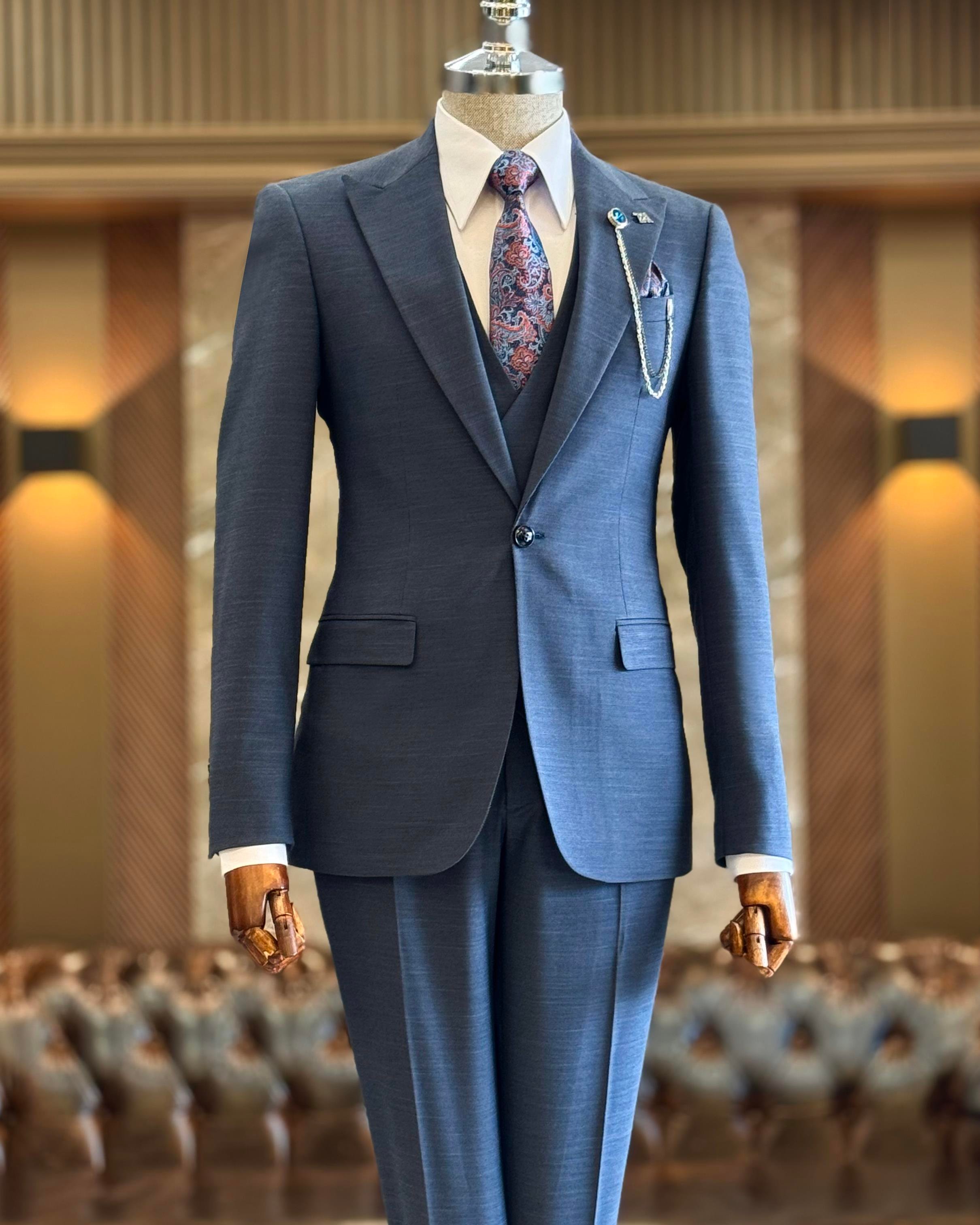 İtalyan stil ceket yelek pantolon takım elbise lacivert T12846
