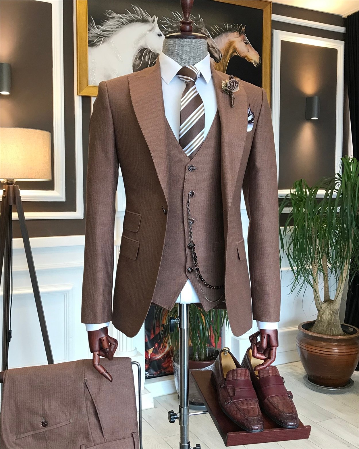 İtalyan stil  ceket yelek pantolon takım elbise kahverengi T6264