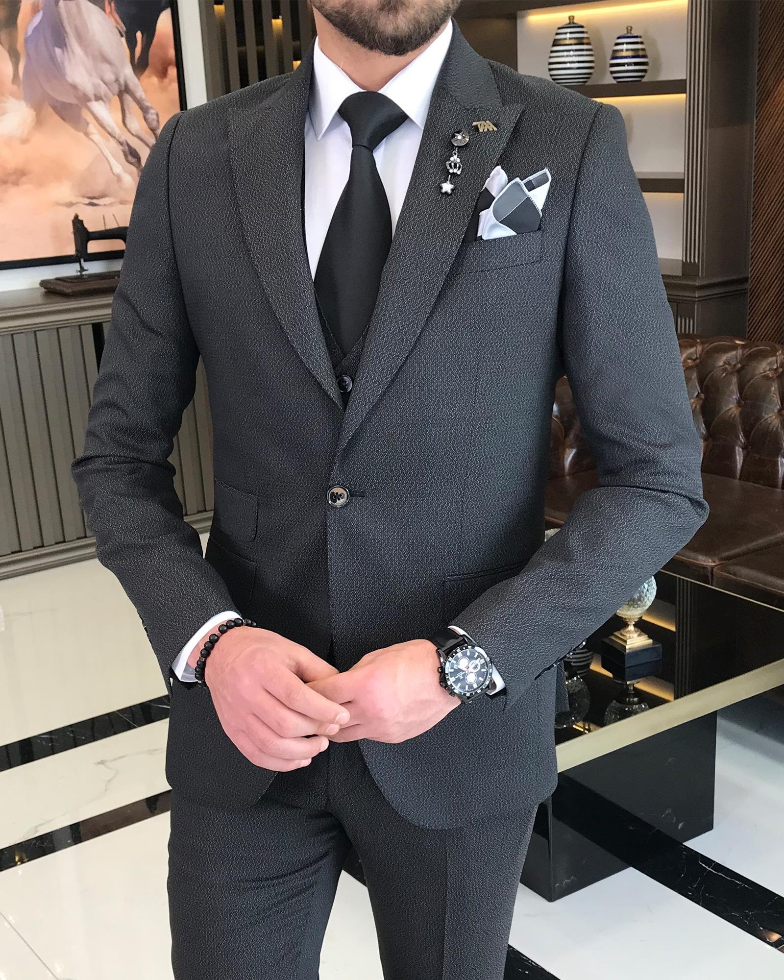 Italian Style Jacket Vest Trousers Suit Black T8628