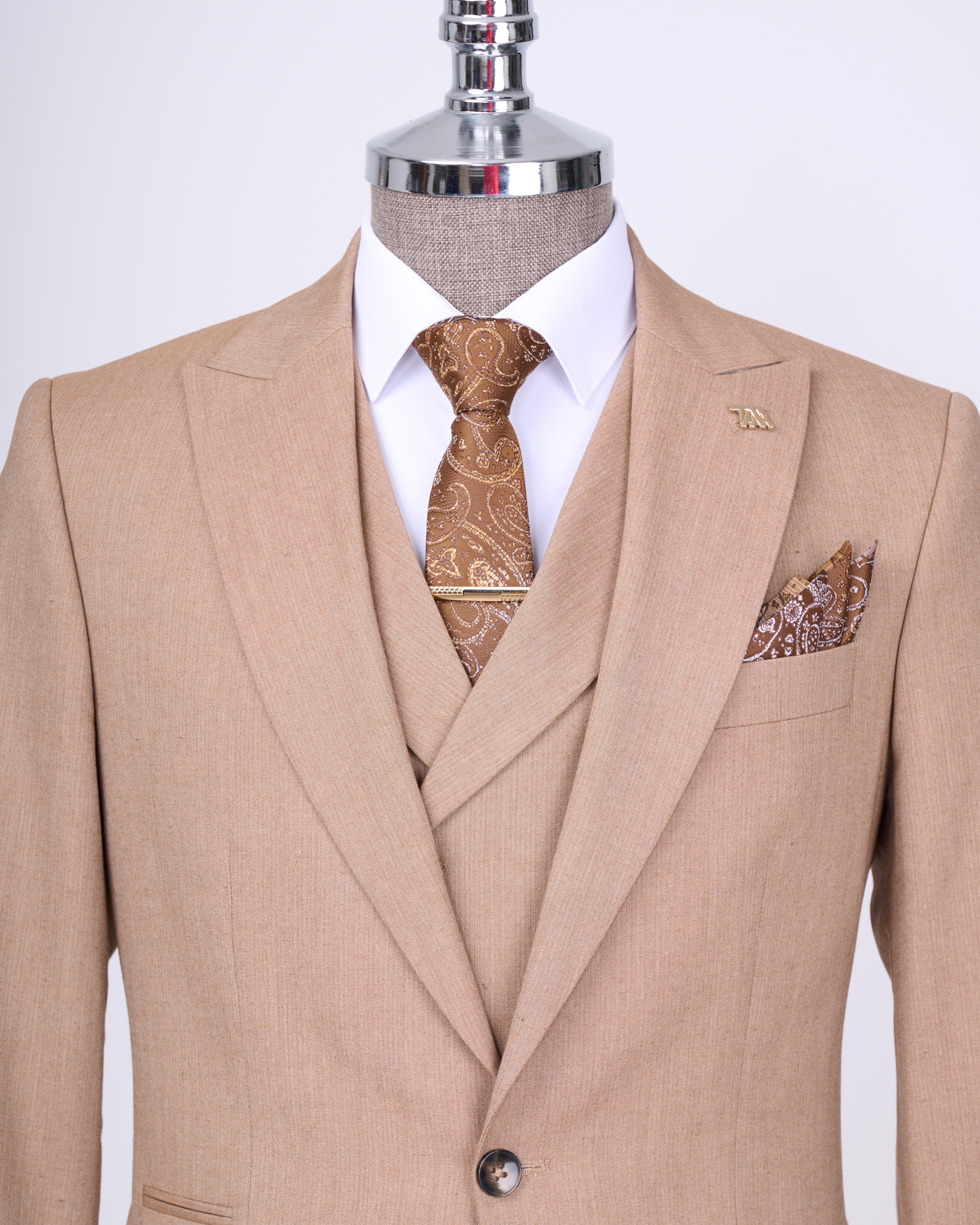 Italian style jacket vest trouser suit camel T12820