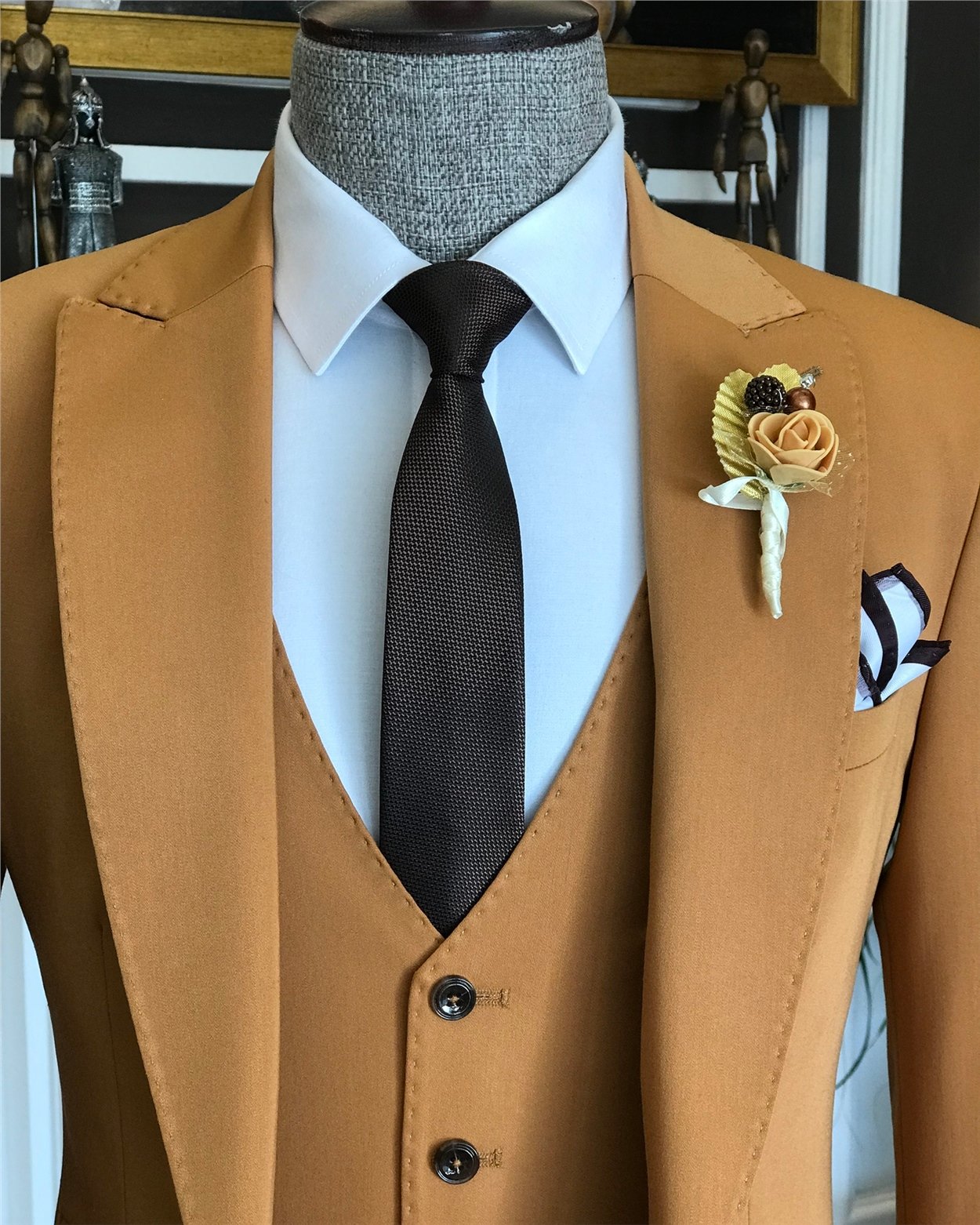 İtalyan stil  ceket yelek pantolon takım elbise camel T6250