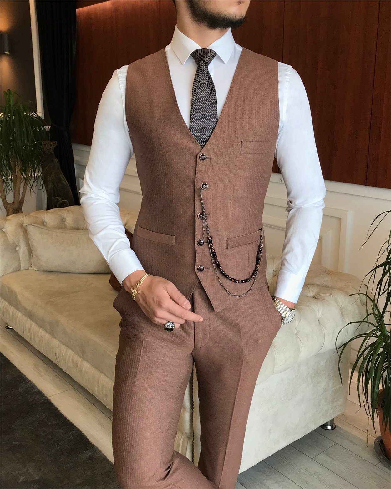 İtalyan stil  ceket yelek pantolon takım elbise kahverengi T6264