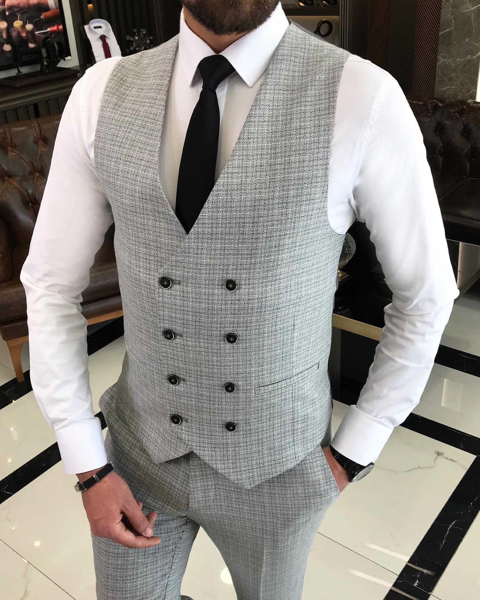 Italian style jacket vest pant suit gray T9096
