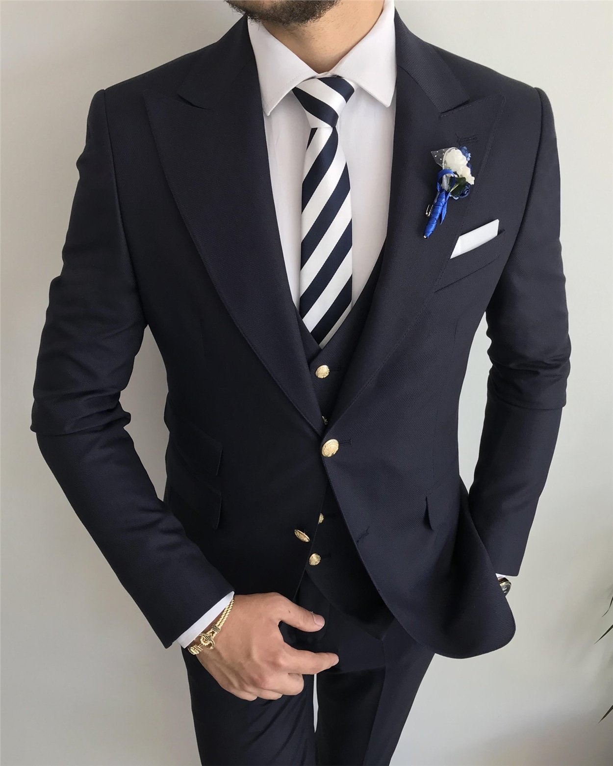 İtalyan stil ceket yelek pantolon takım elbise Lacivert T7666