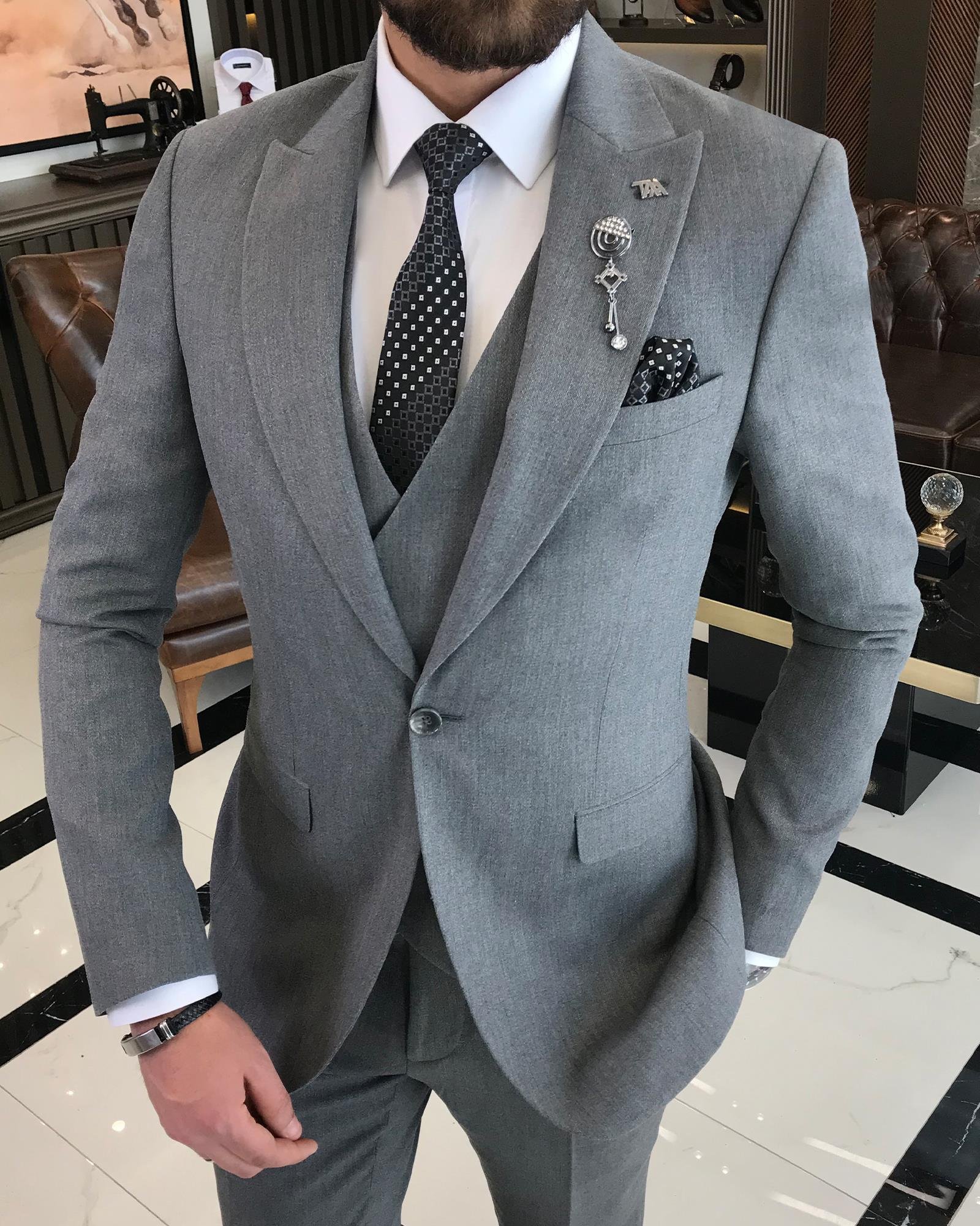 Italian style jacket vest pant suit gray T9085