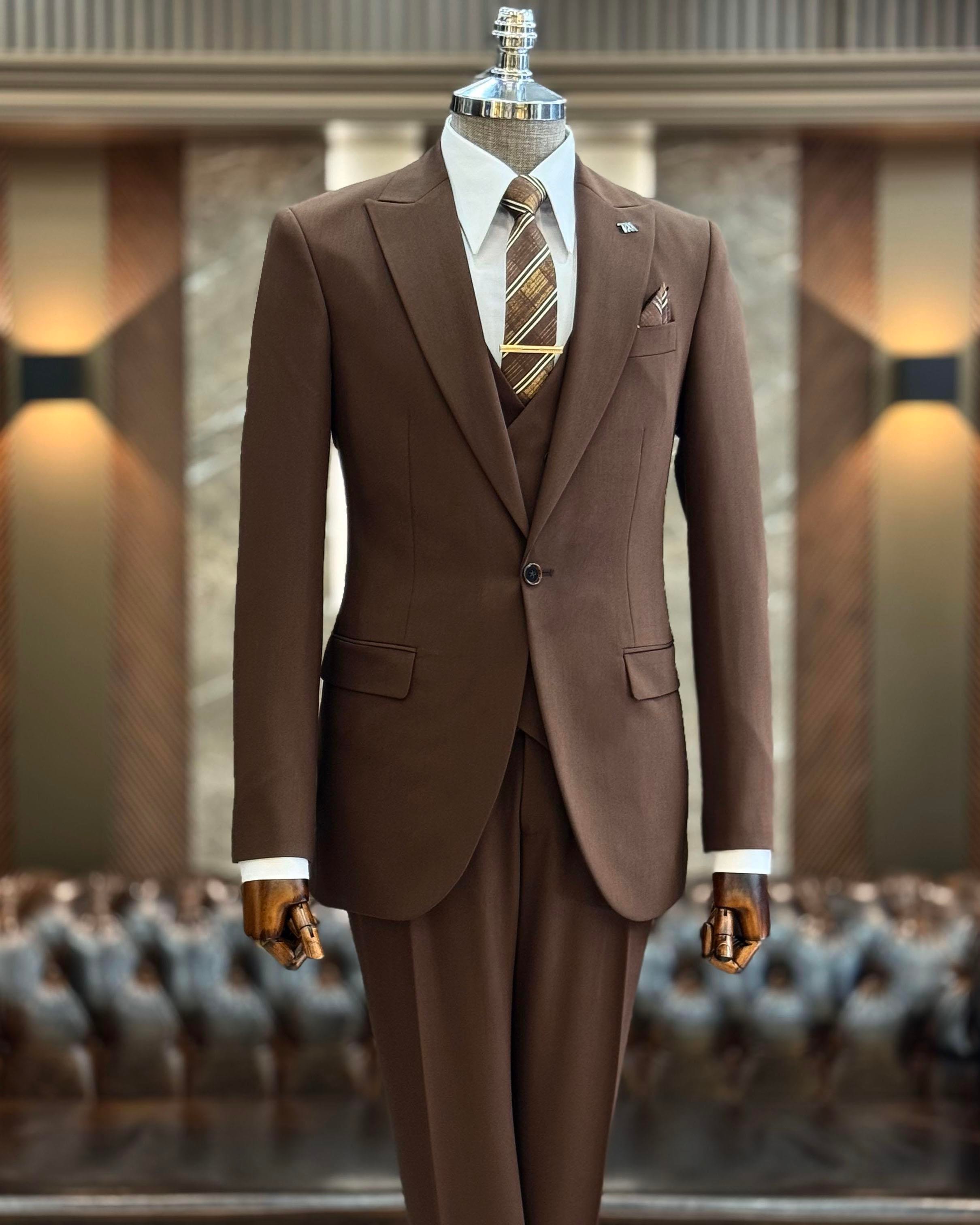 İtalyan stil ceket yelek pantolon takım elbise kahverengi T12015