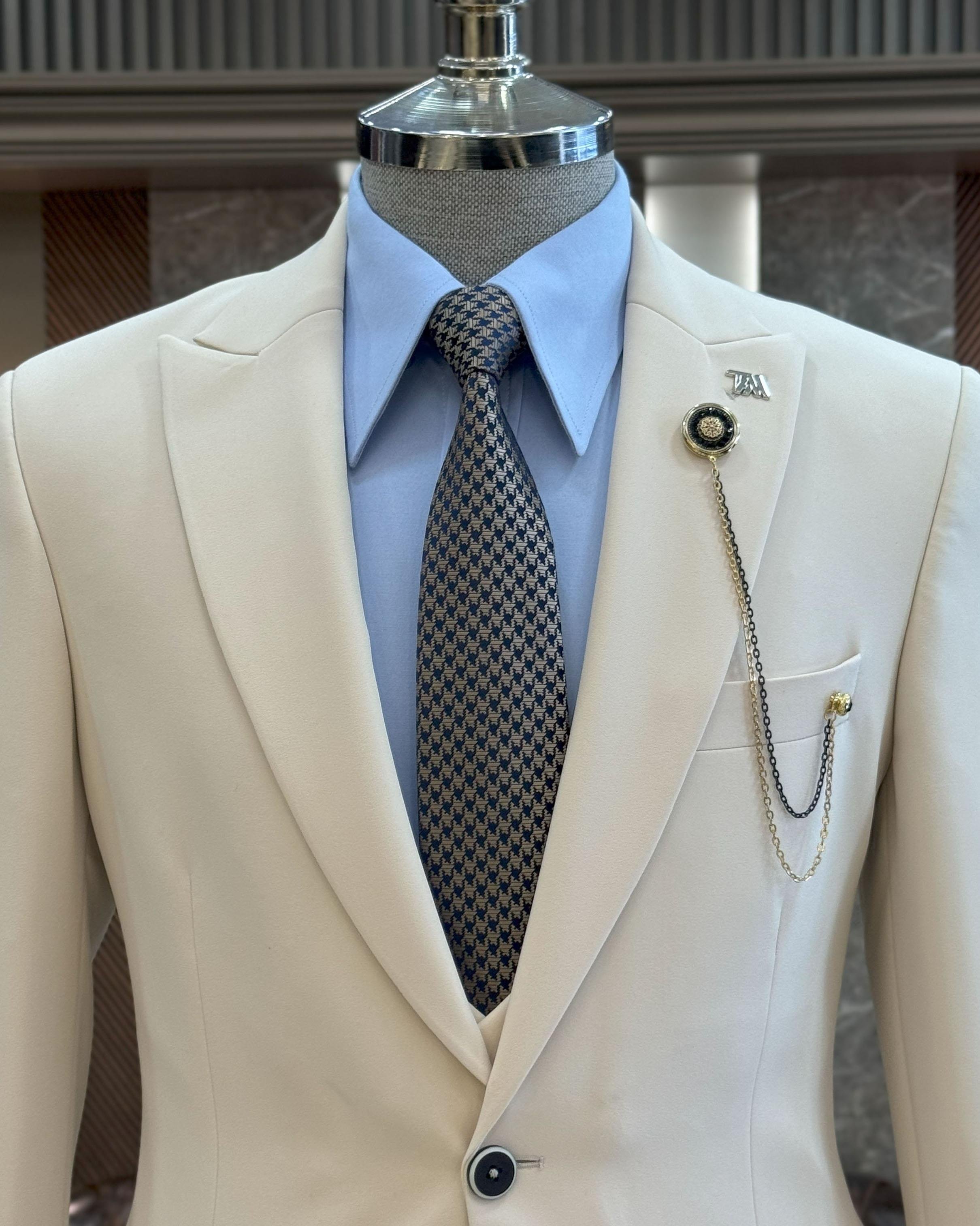 İtalyan stil ceket yelek pantolon takım elbise krem T10034