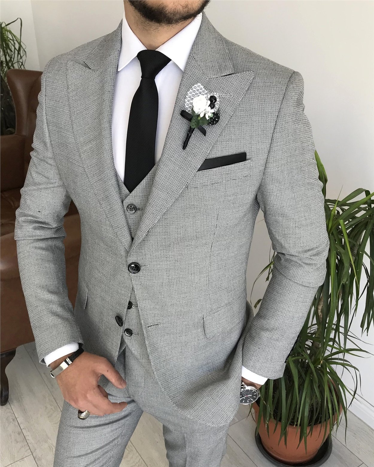 İtalyan stil ceket yelek pantolon takım elbise Gri T7670
