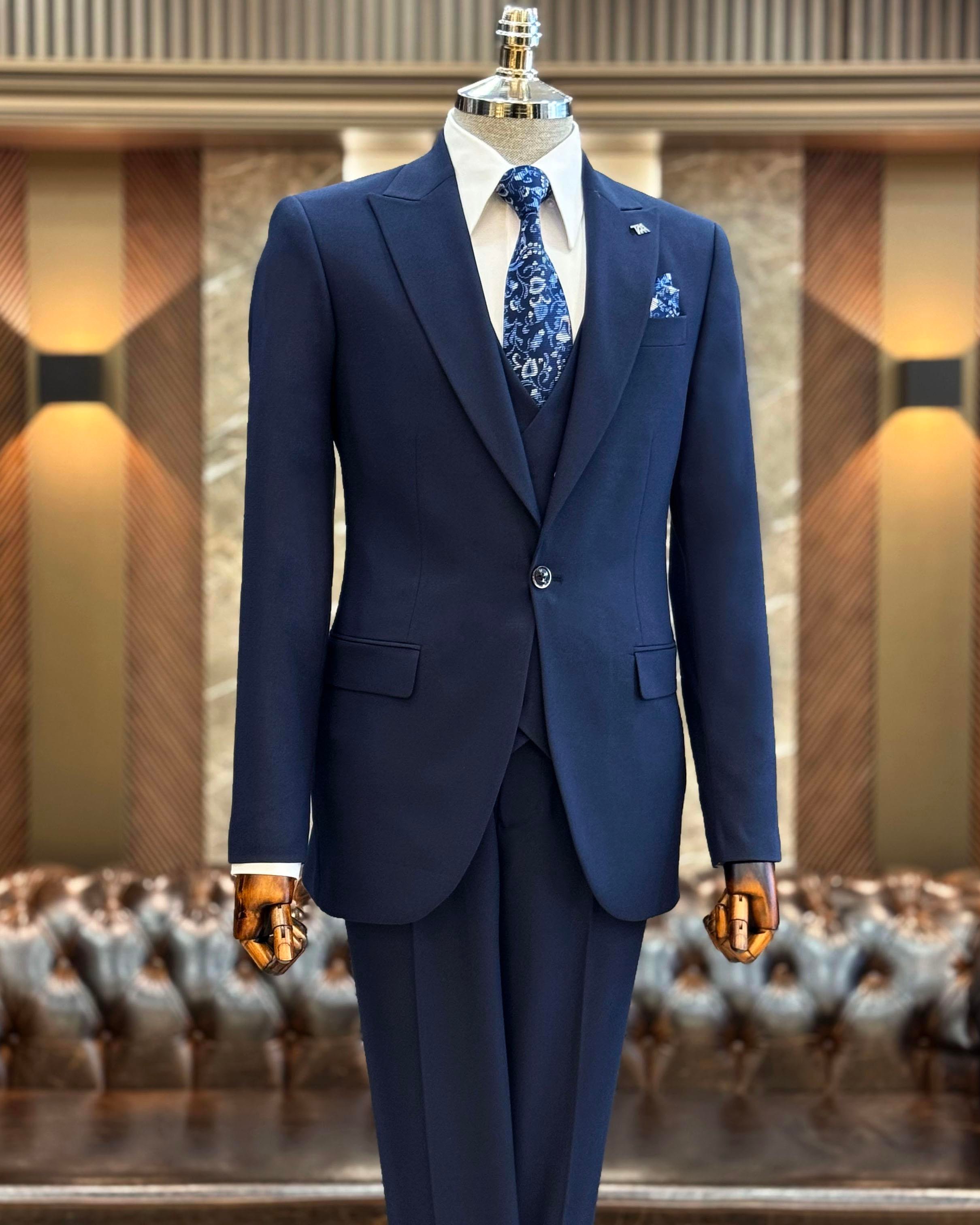 İtalyan stil ceket yelek pantolon takım elbise lacivert T12021
