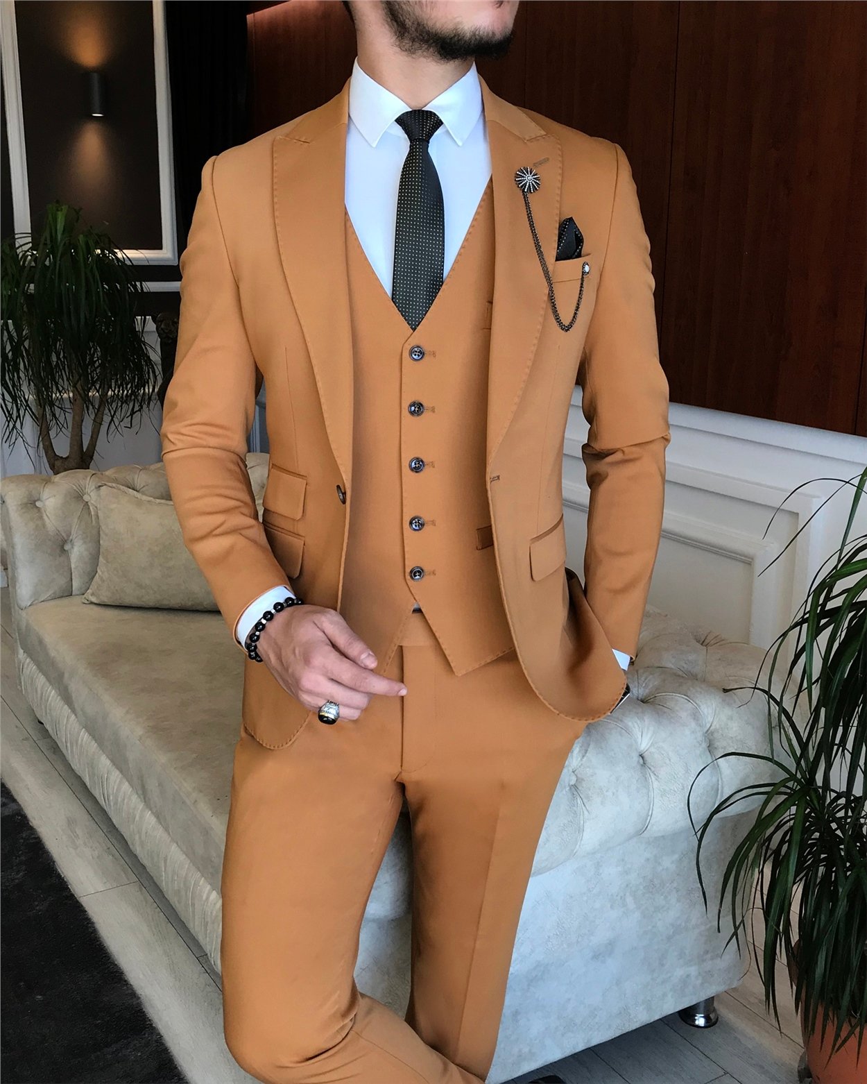 İtalyan stil  ceket yelek pantolon takım elbise camel T6250