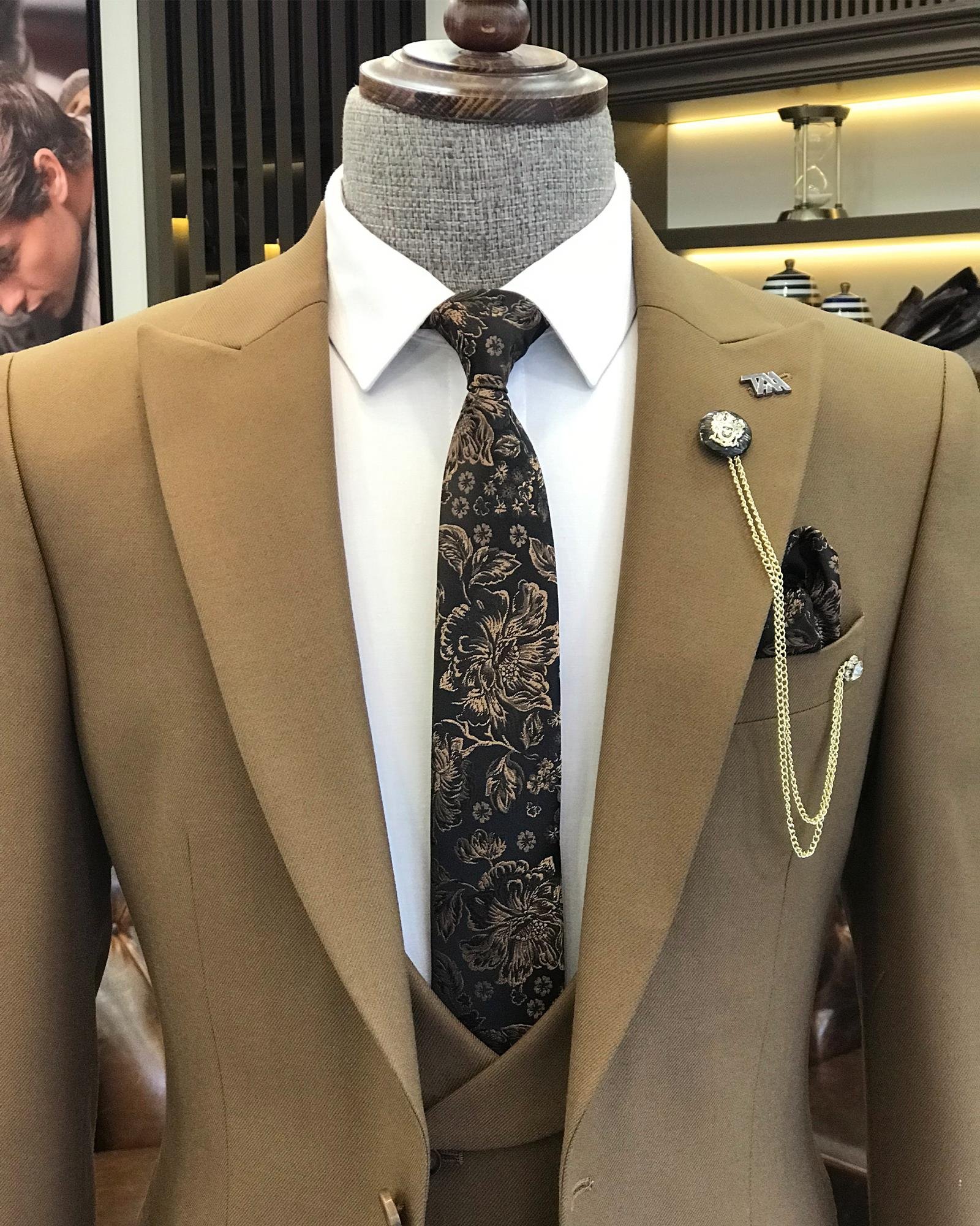 Italian style jacket vest pant suit brown T9079