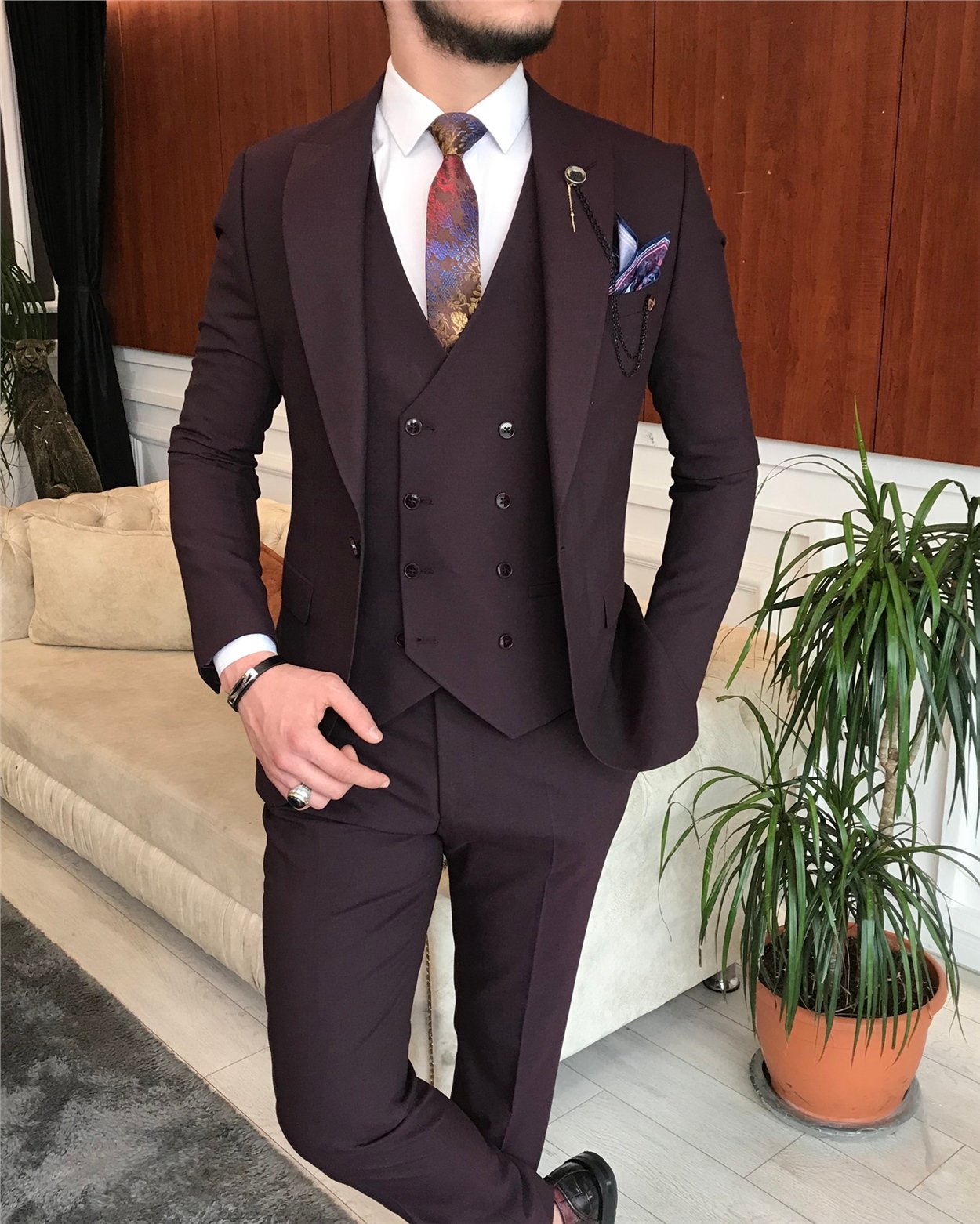 İtalyan stil  ceket yelek pantolon takım elbise Bordo T6777