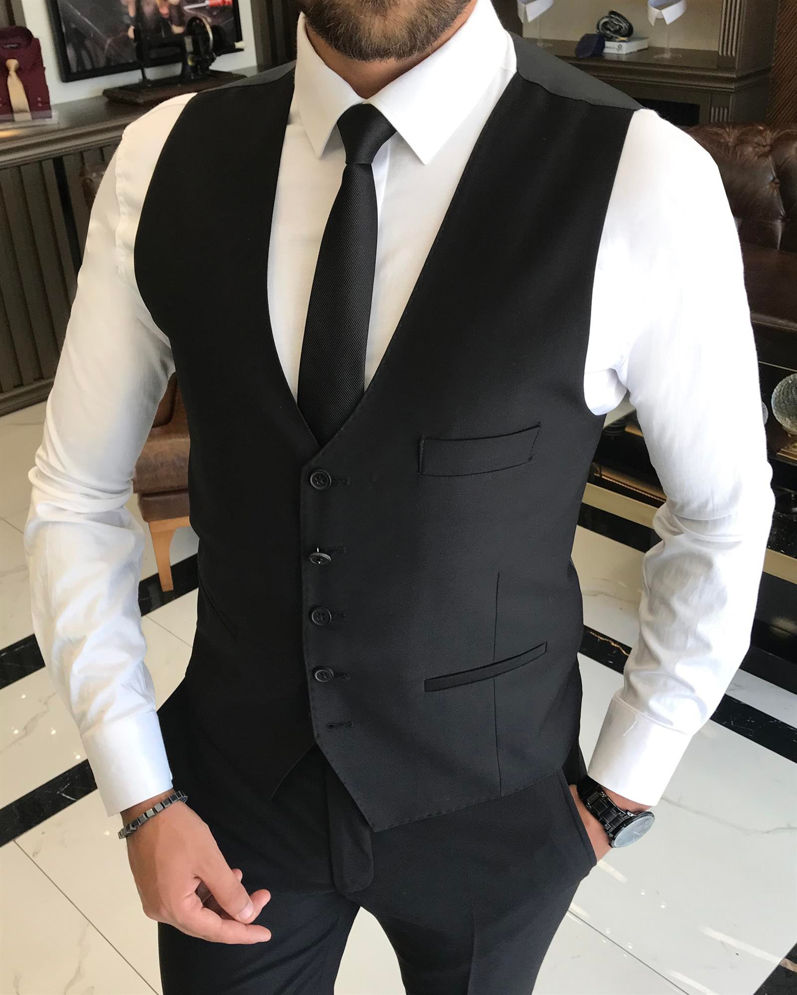 İtalyan stil  ceket yelek pantolon takım elbise Siyah T5584