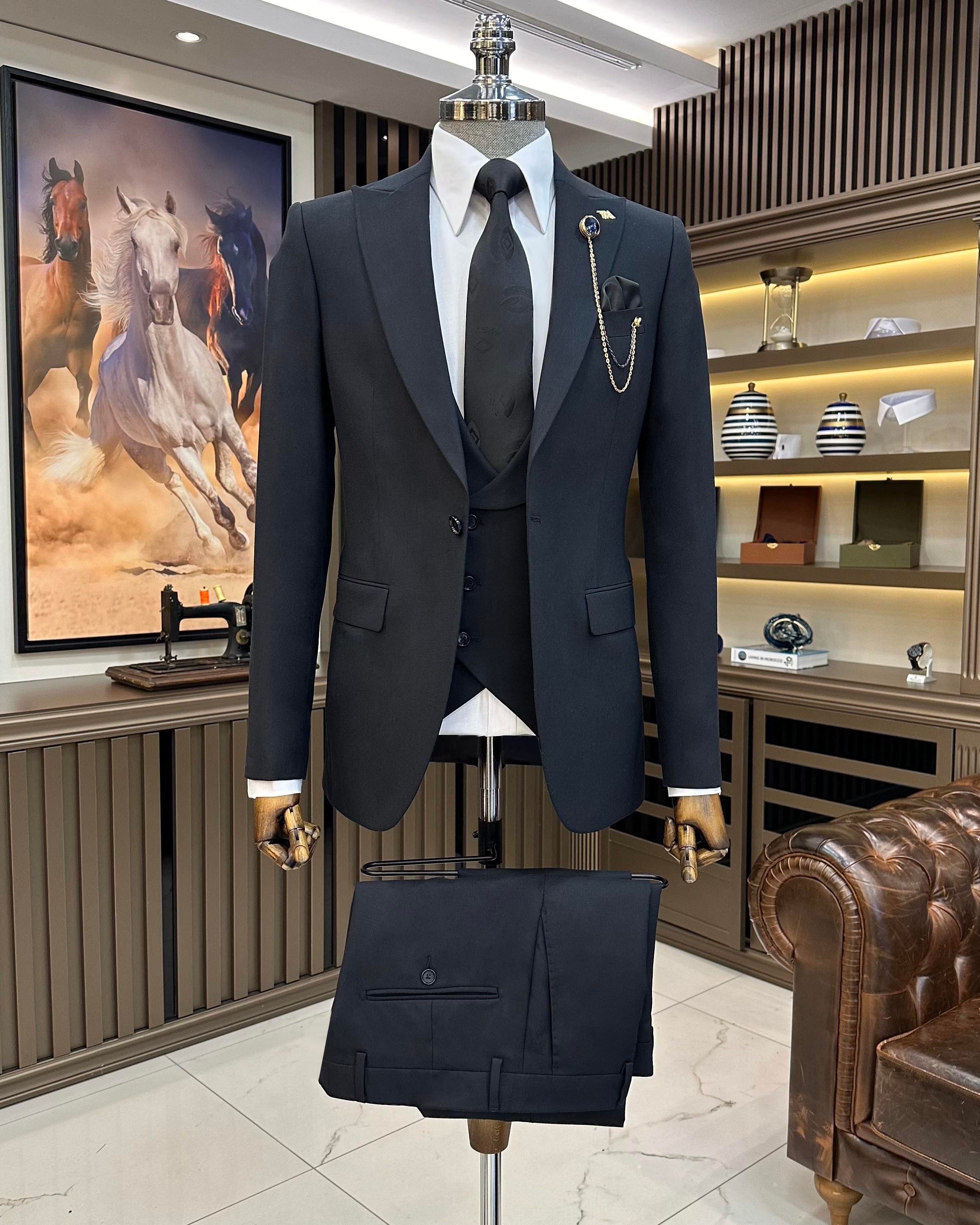 Italian style jacket vest trouser suit navy blue T10725