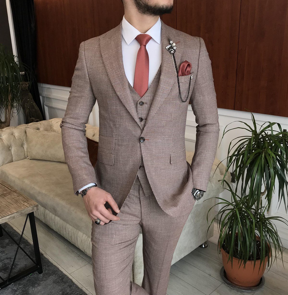 İtalyan stil ceket yelek pantolon takım elbise turuncu T7009