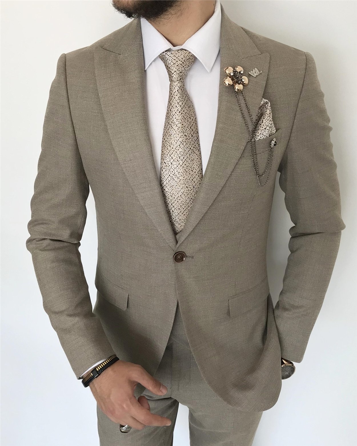 İtalyan stil ceket yelek pantolon takım elbise Vizon T7930