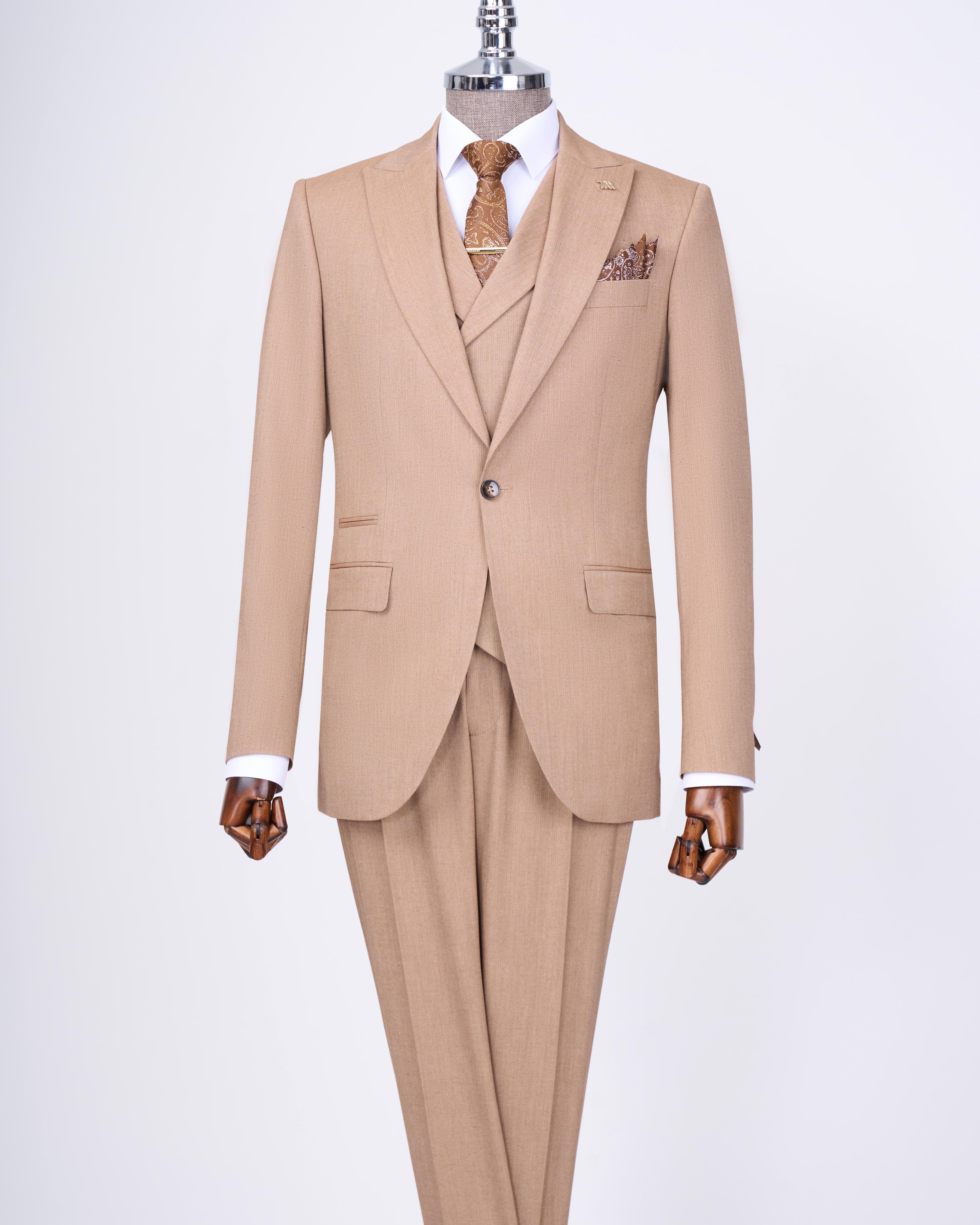 Italian style jacket vest trouser suit camel T12820