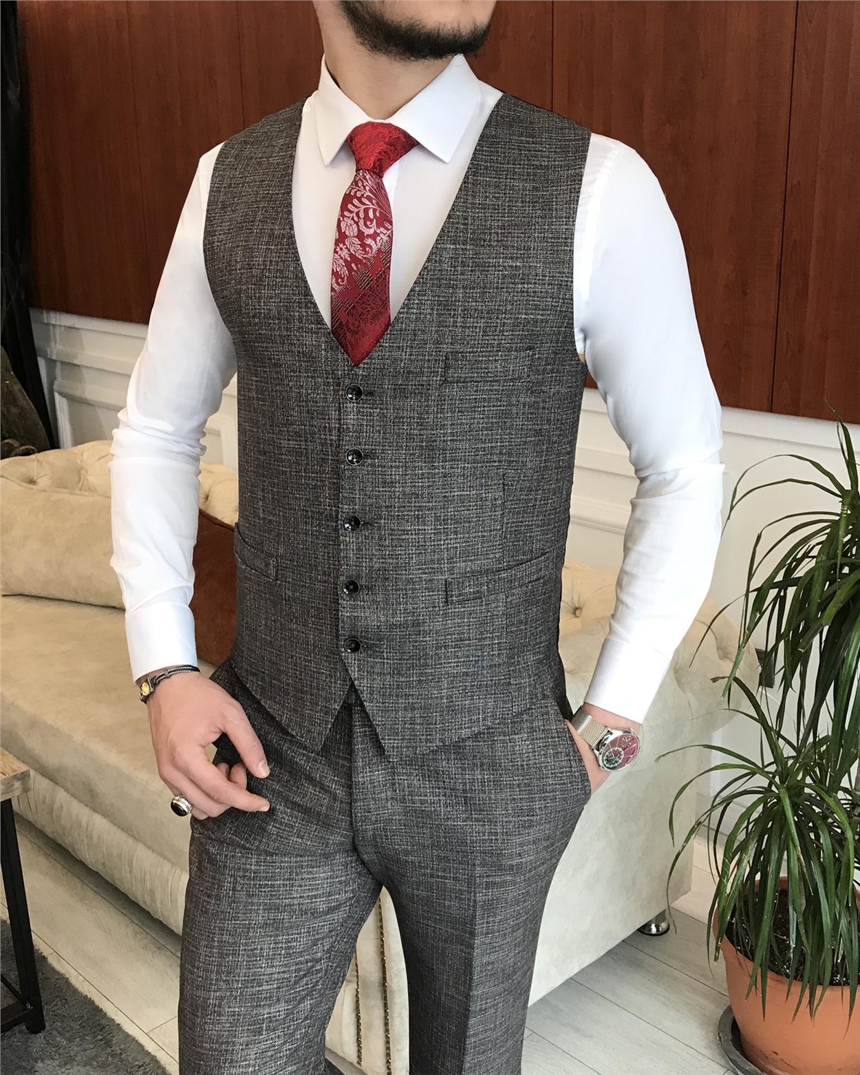 İtalyan stil ceket yelek pantolon takım elbise bordo T7020