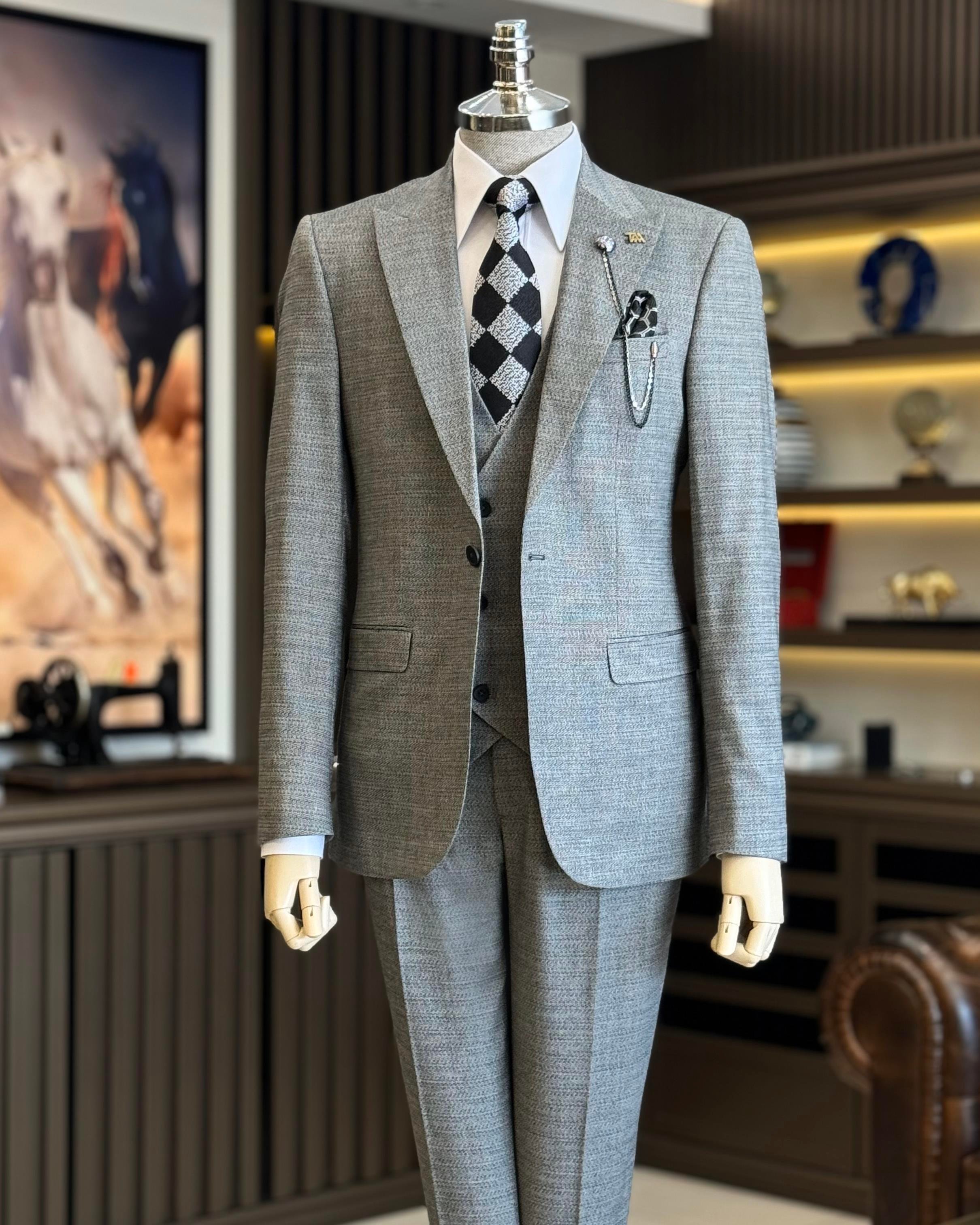 İtalyan stil ceket yelek pantolon takım elbise gri T12854