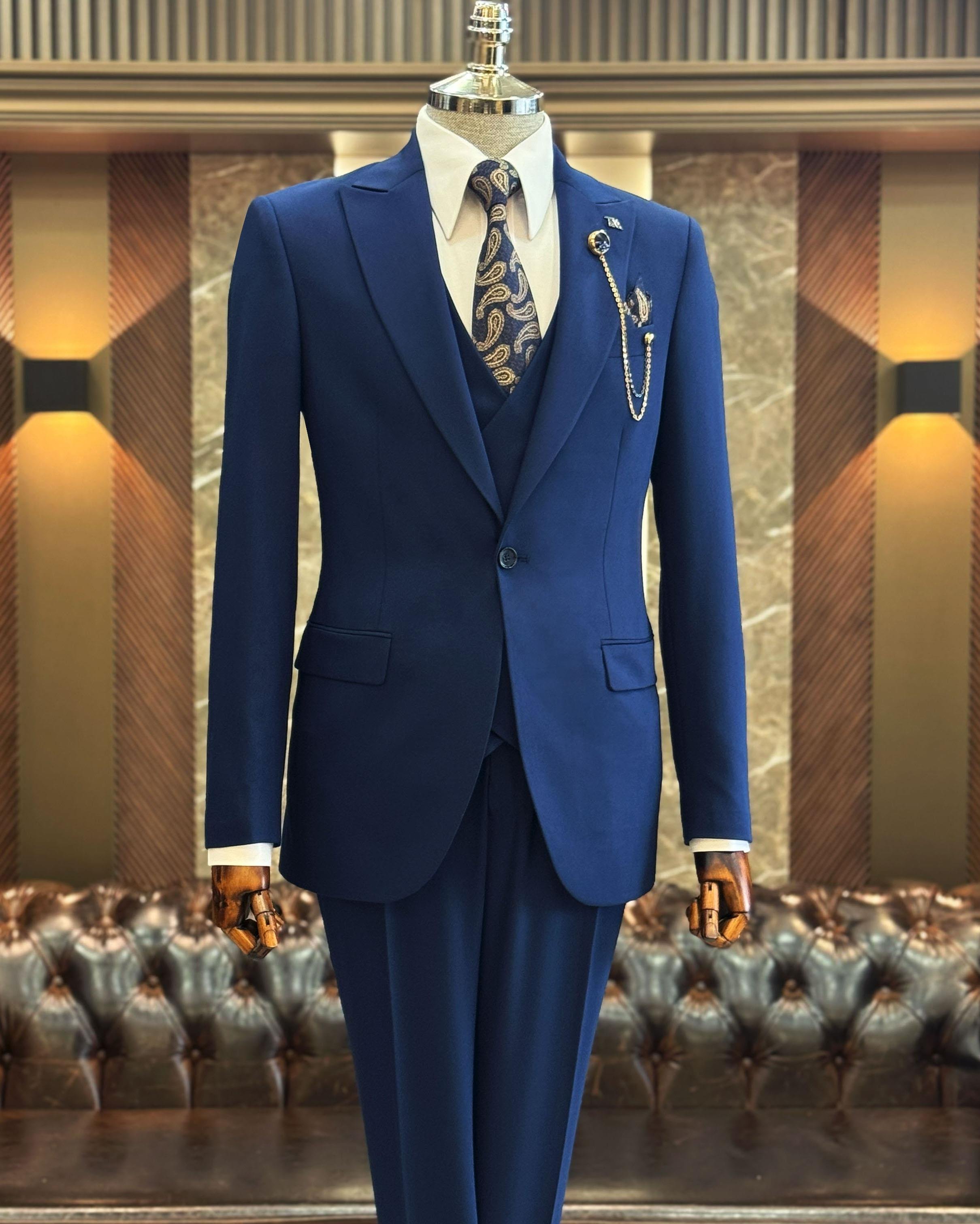 İtalyan stil ceket yelek pantolon takım elbise lacivert T12003