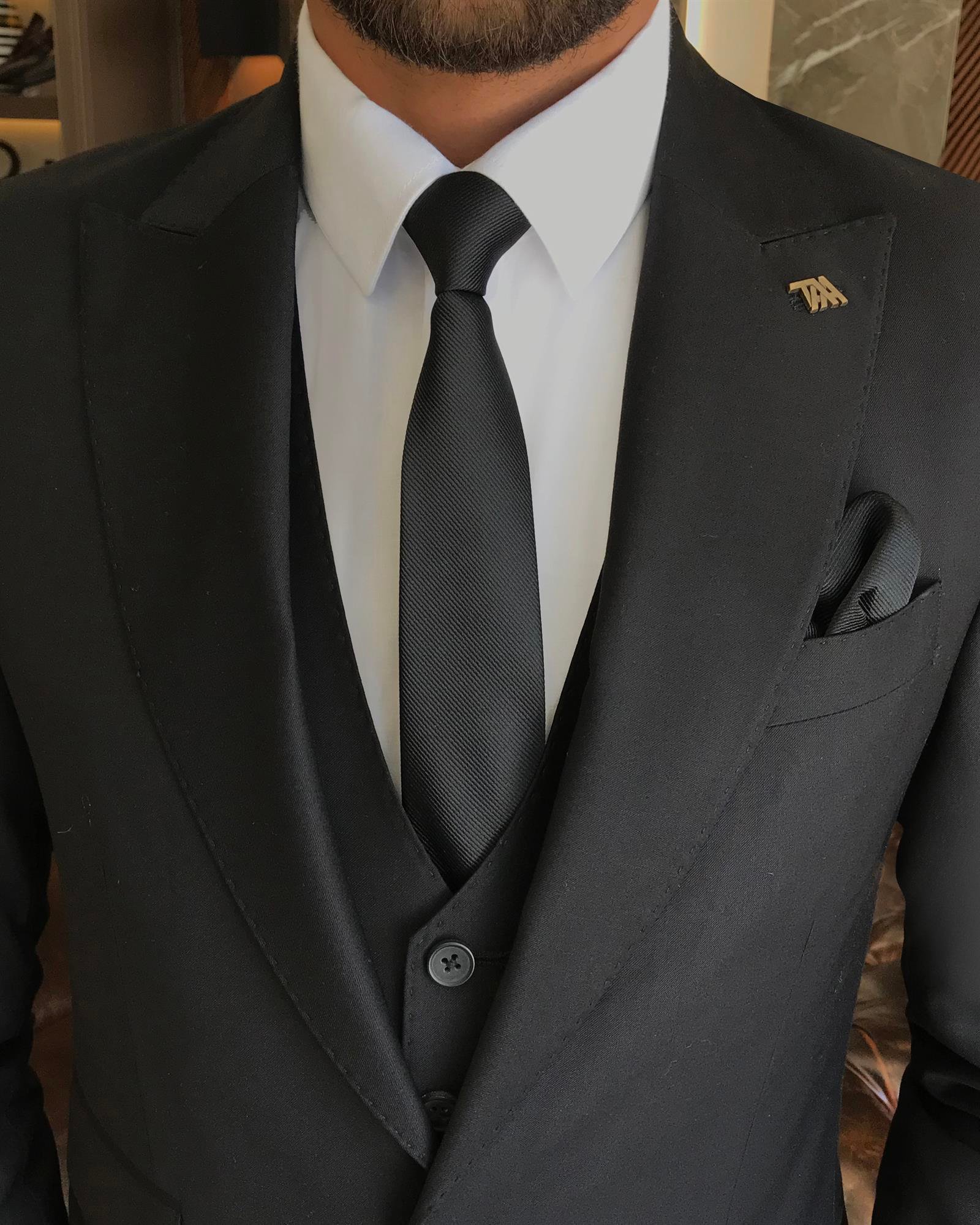 İtalyan stil  ceket yelek pantolon takım elbise Siyah T5584