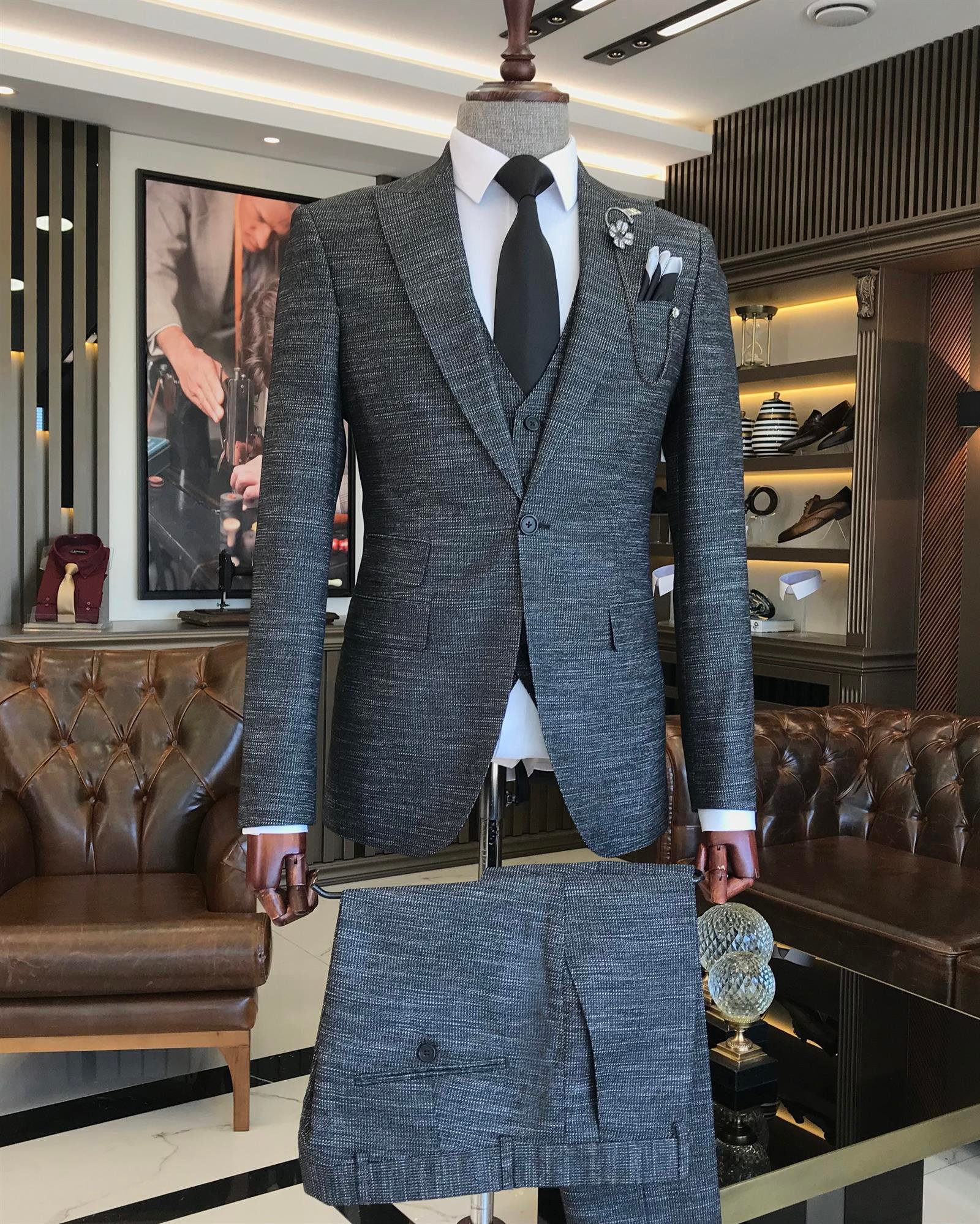 Italian Style Jacket Vest Trousers Suit Black T8631