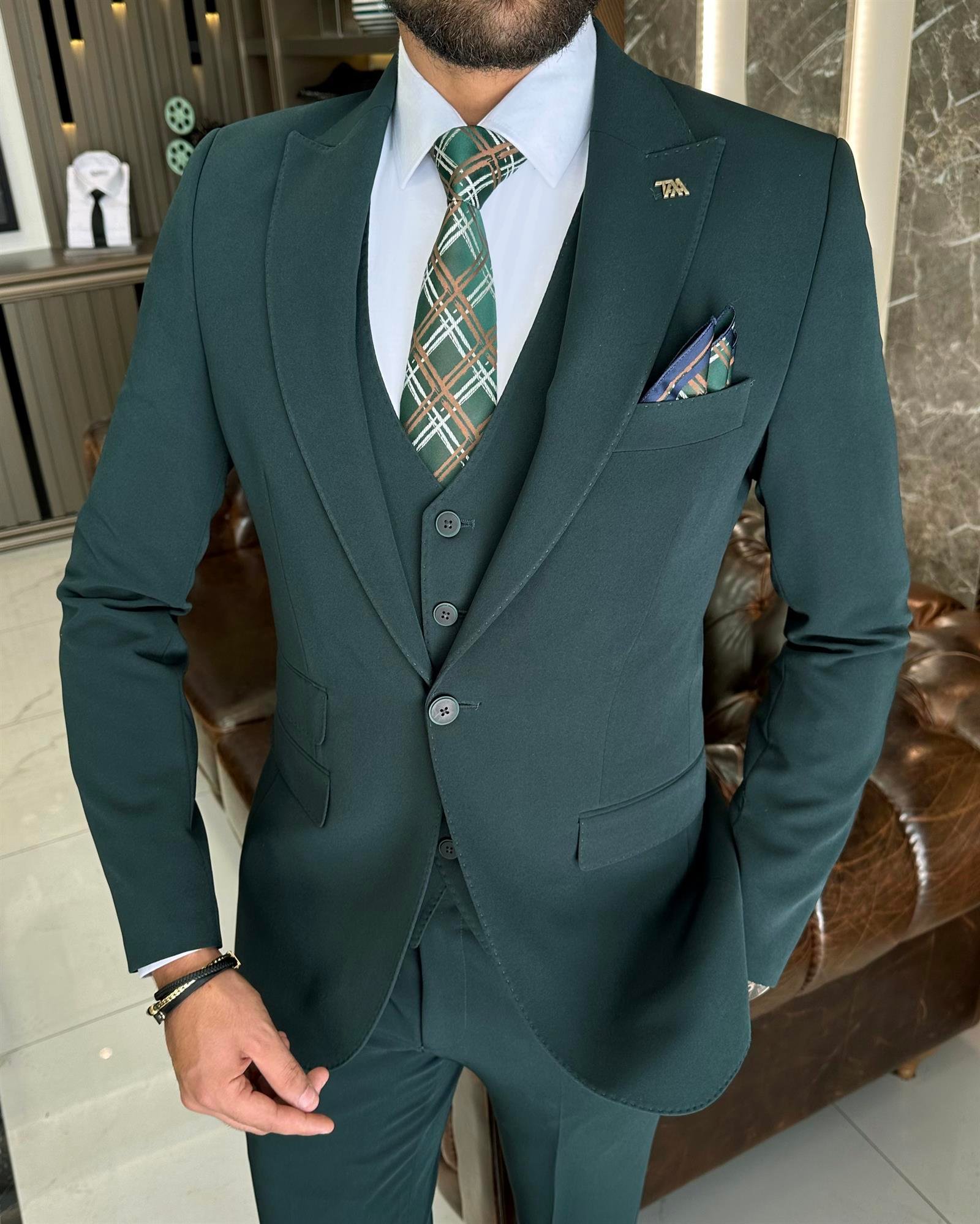 İtalyan stil  ceket yelek pantolon takım elbise yeşil T10533
