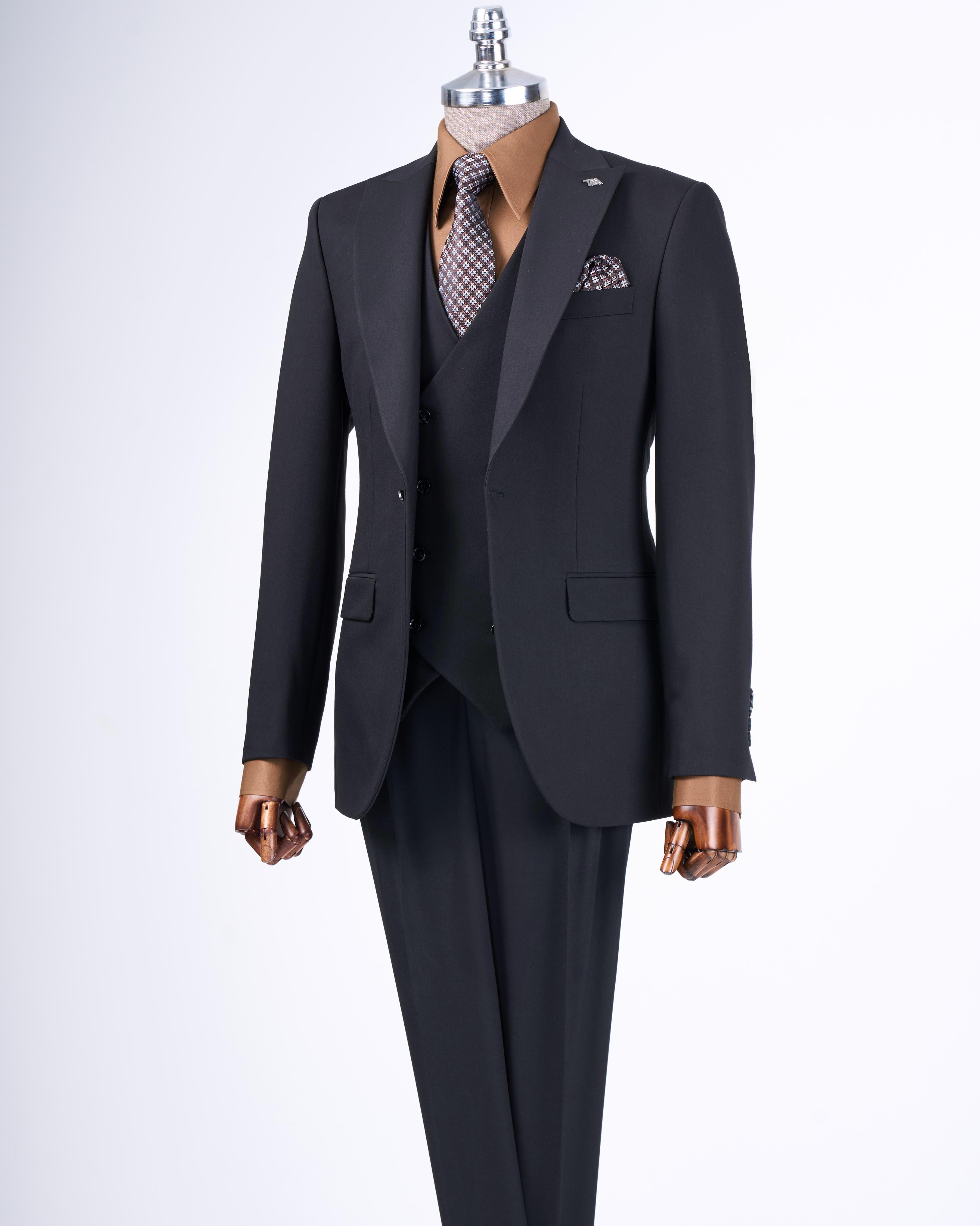 İtalyan stil ceket yelek pantolon takım elbise Siyah T8614