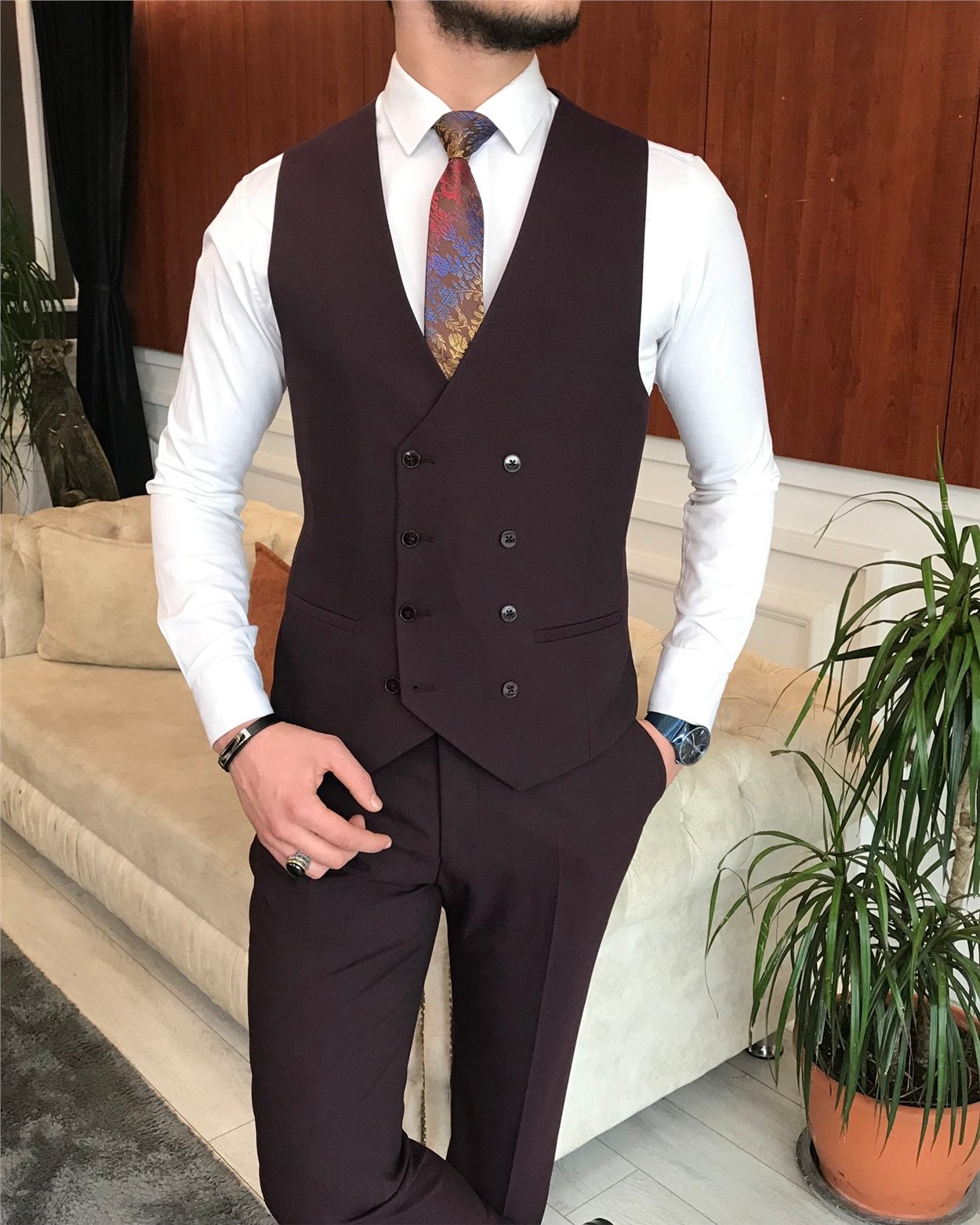 İtalyan stil  ceket yelek pantolon takım elbise Bordo T6777