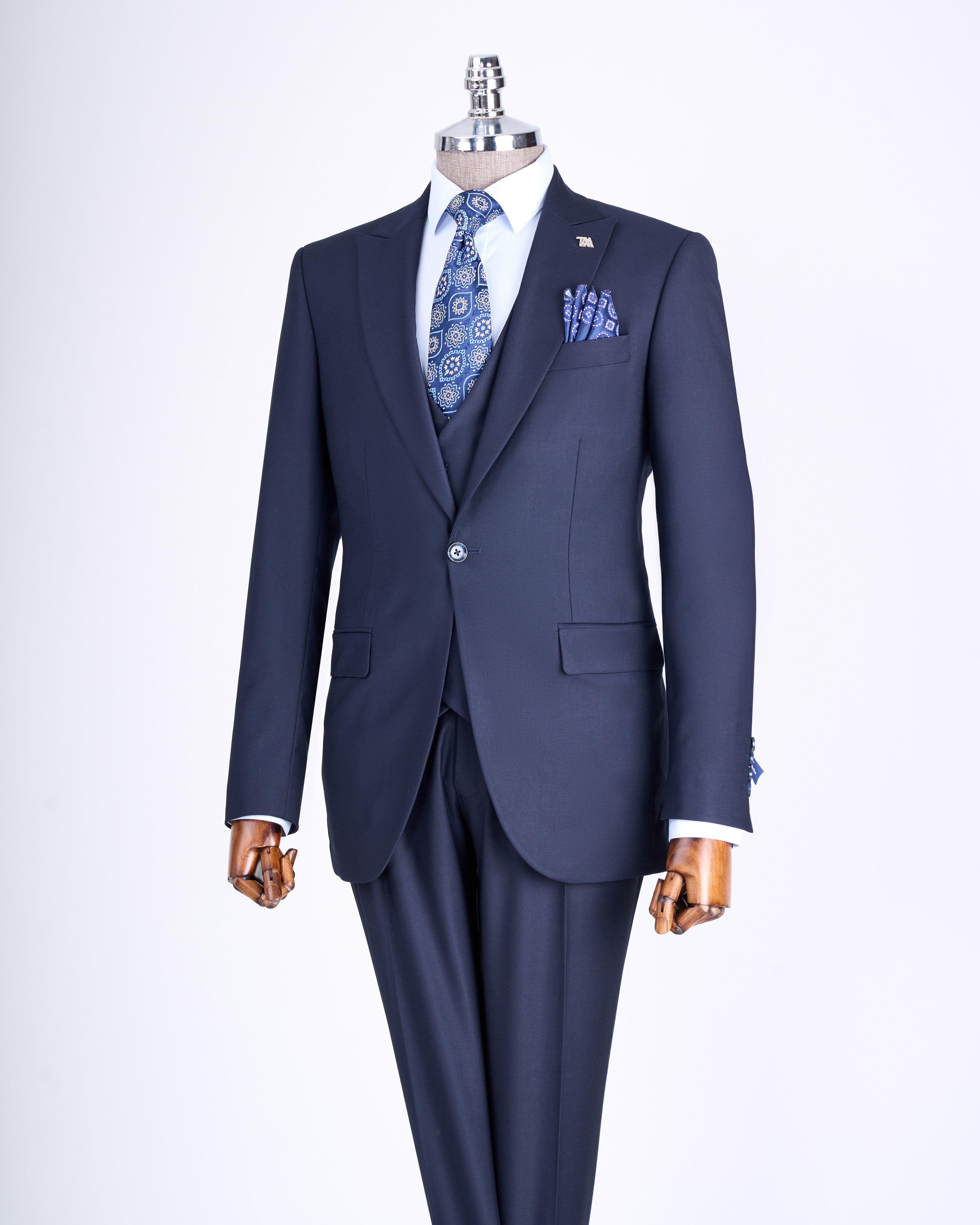 İtalyan stil ceket yelek pantolon takım elbise lacivert T12013