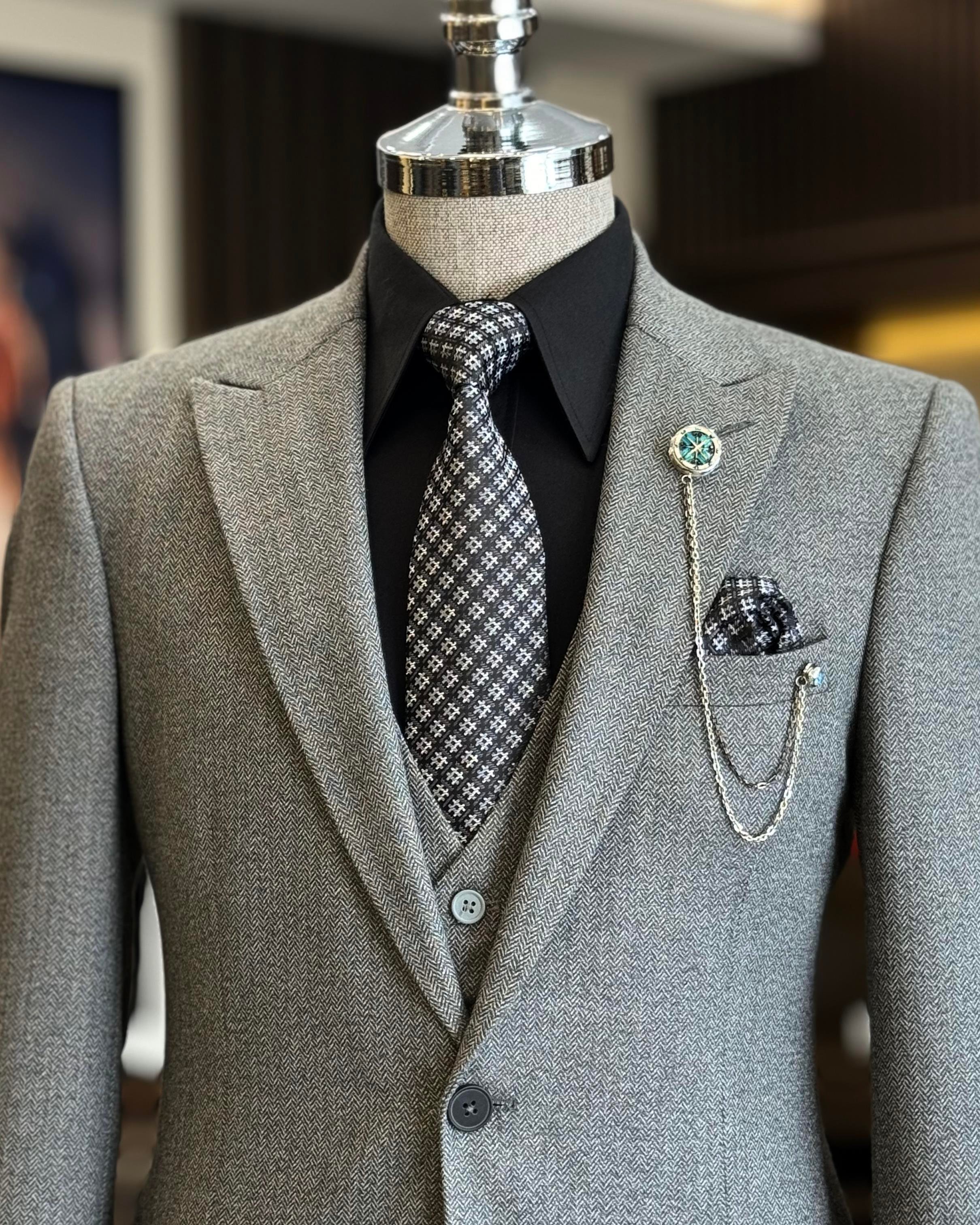 İtalyan stil ceket yelek pantolon takım elbise gri T12879