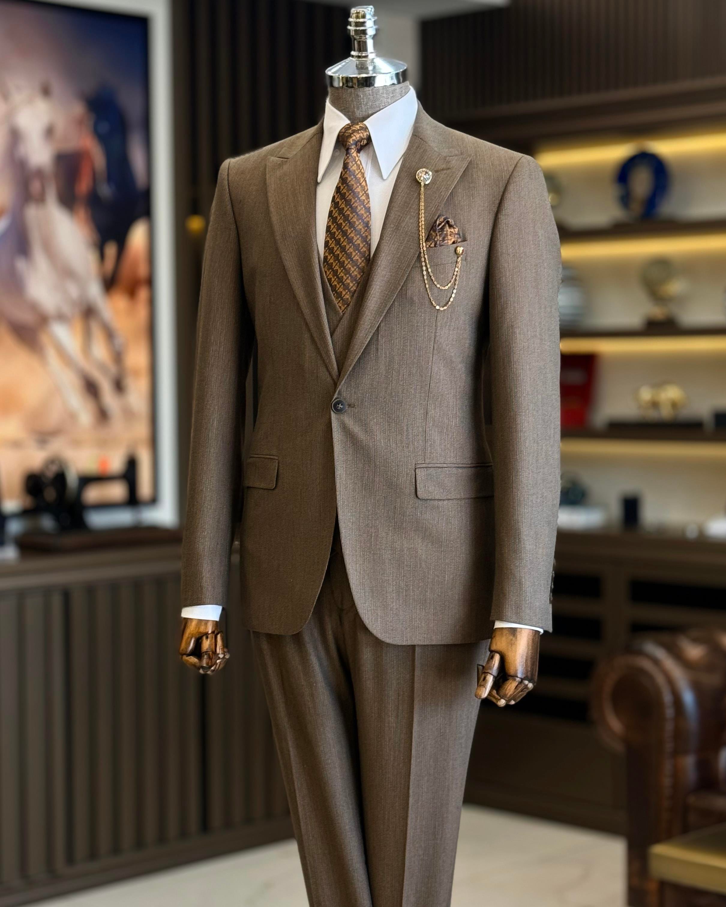 İtalyan stil ceket yelek pantolon takım elbise kahverengi T12878