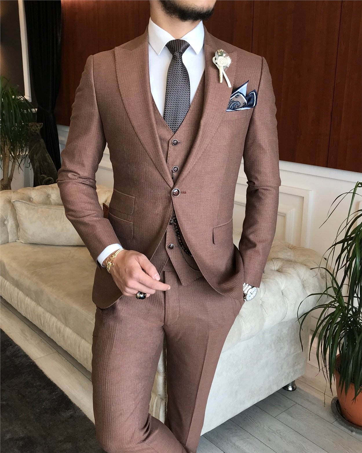 İtalyan stil  ceket yelek pantolon takım elbise kahverengi T6264