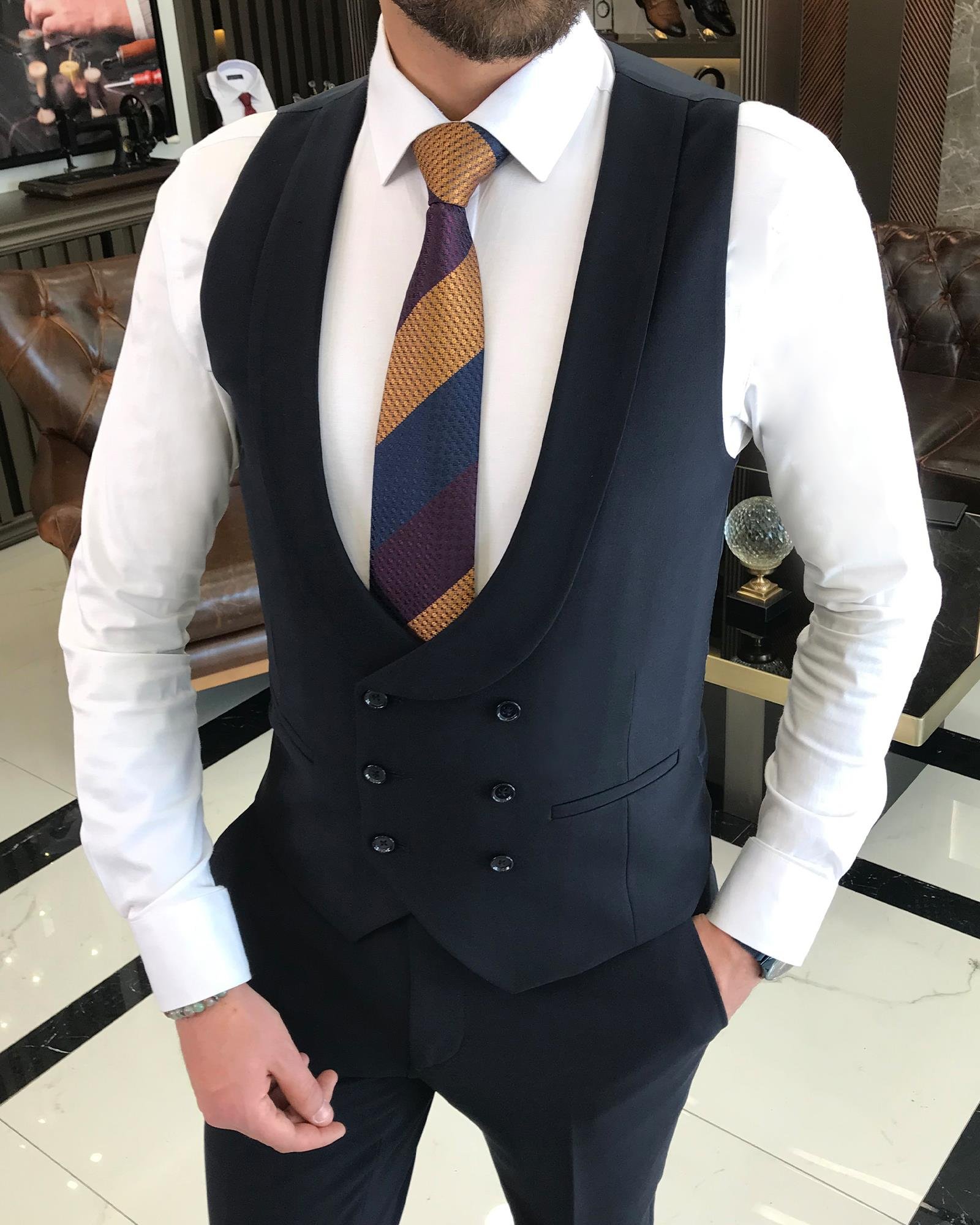 Italian style jacket vest pant suit navy blue T9078