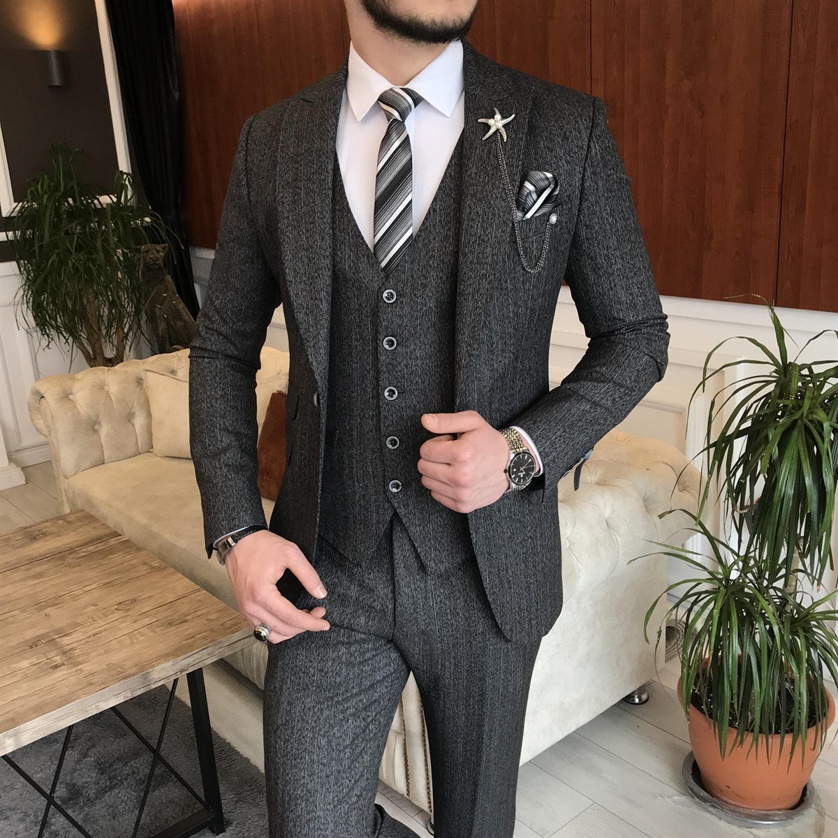 İtalyan stil ceket yelek pantolon takım elbise antrasit T6994