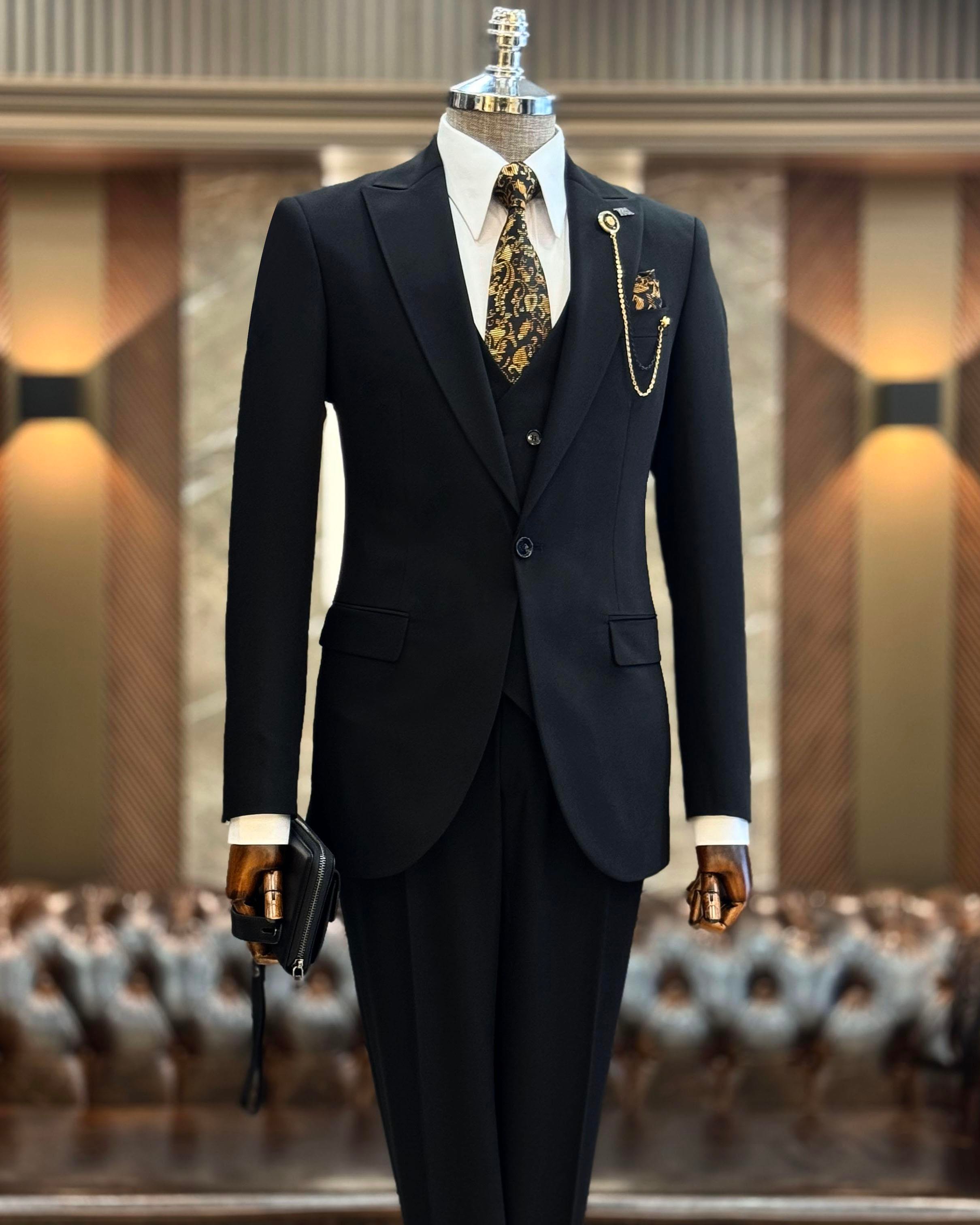İtalyan stil ceket yelek pantolon takım elbise siyah T12014
