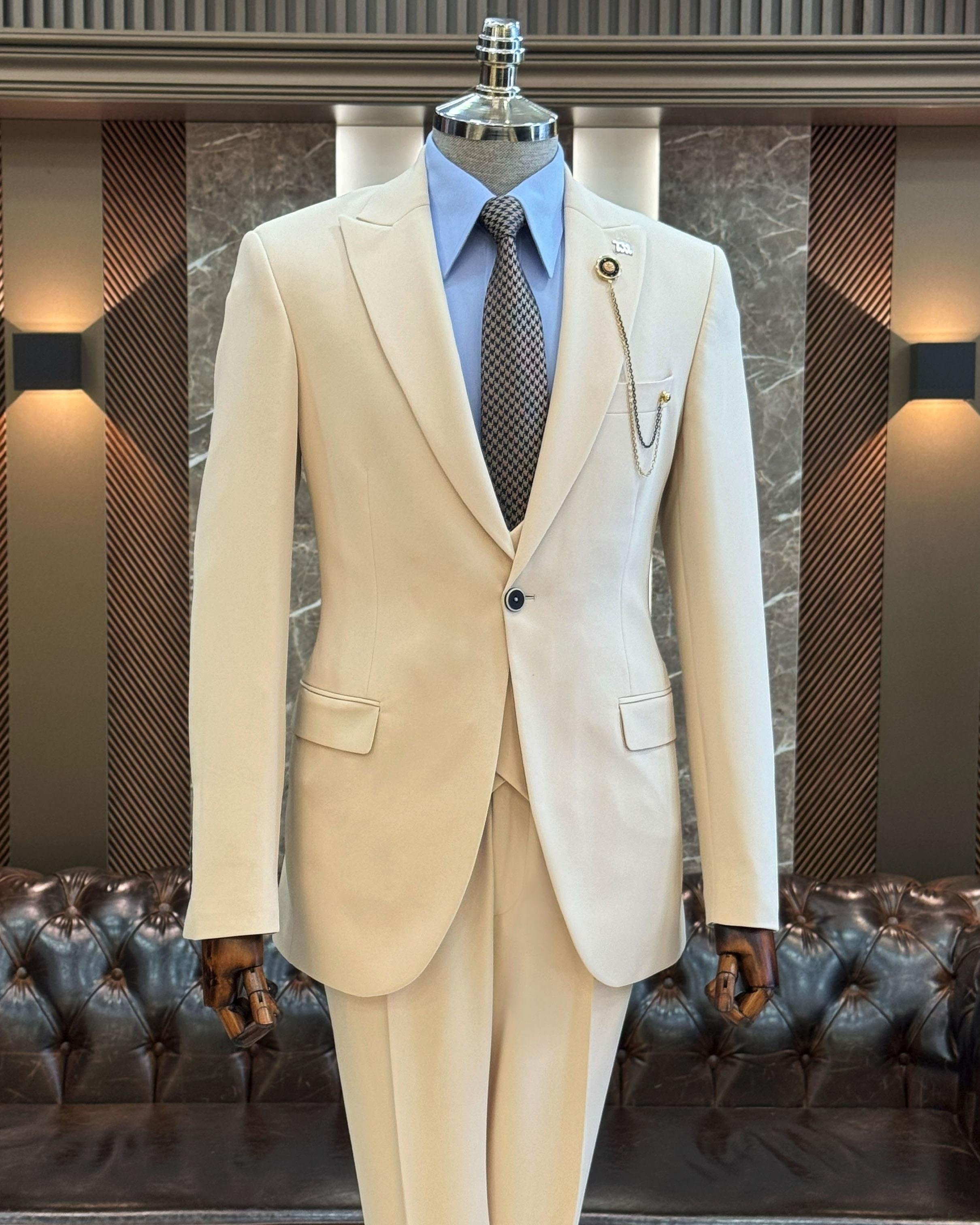 İtalyan stil ceket yelek pantolon takım elbise krem T10034