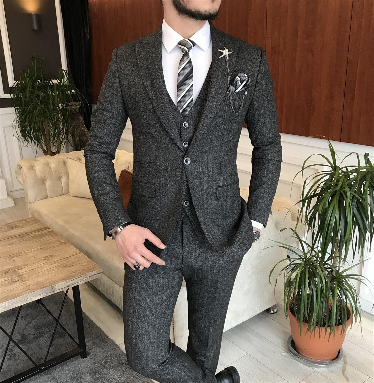 İtalyan stil ceket yelek pantolon takım elbise antrasit T6994