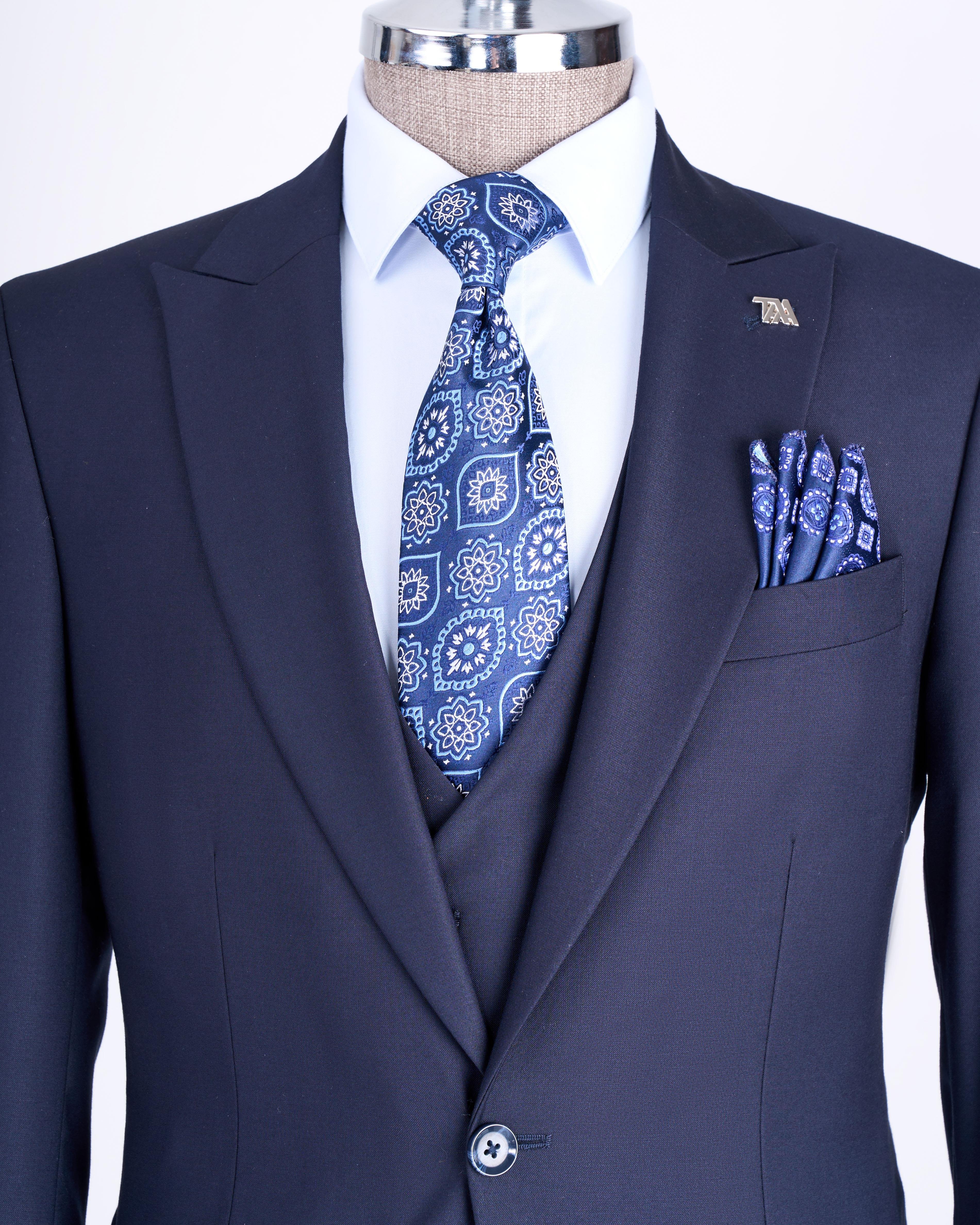 İtalyan stil ceket yelek pantolon takım elbise lacivert T12013