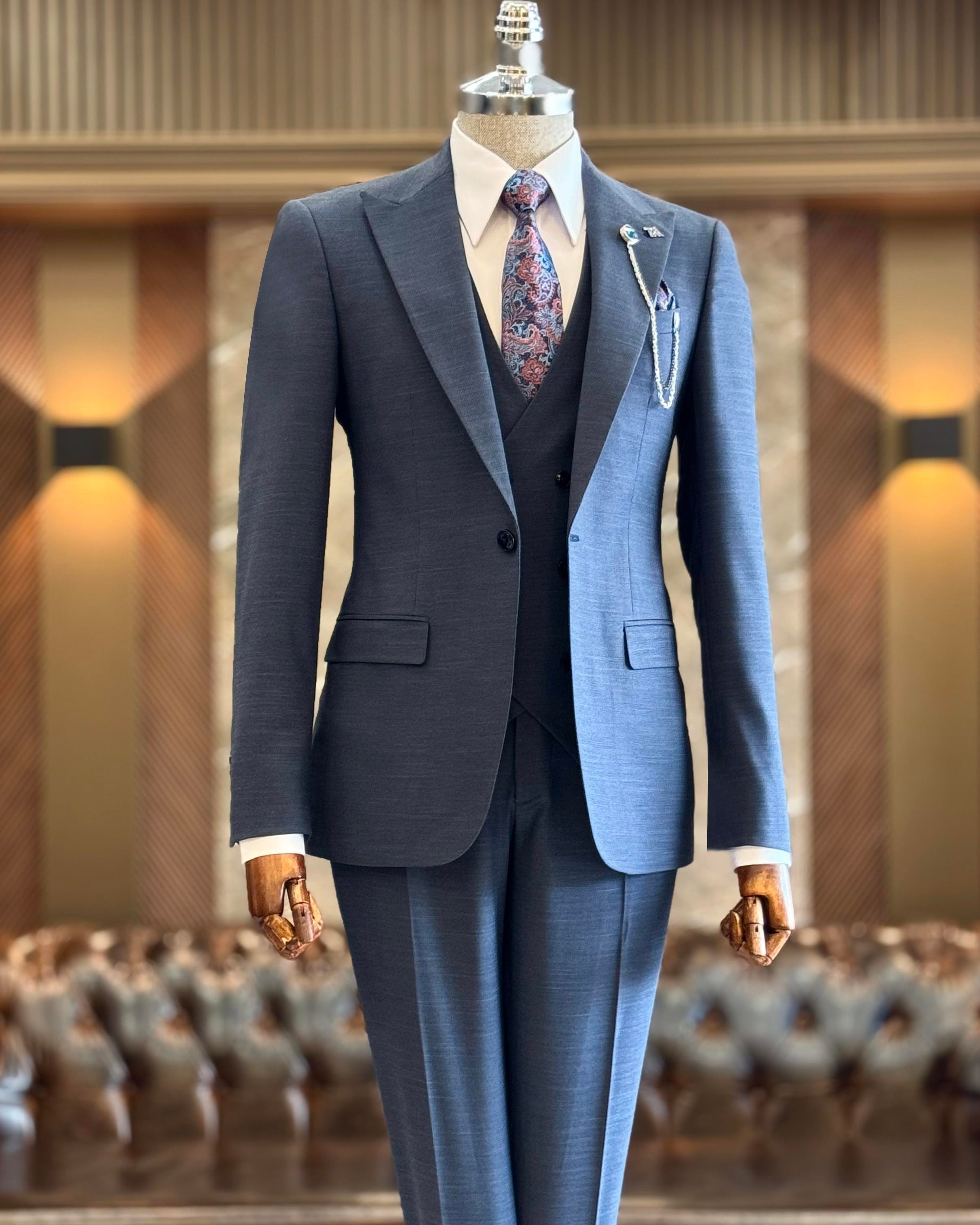 İtalyan stil ceket yelek pantolon takım elbise lacivert T12846