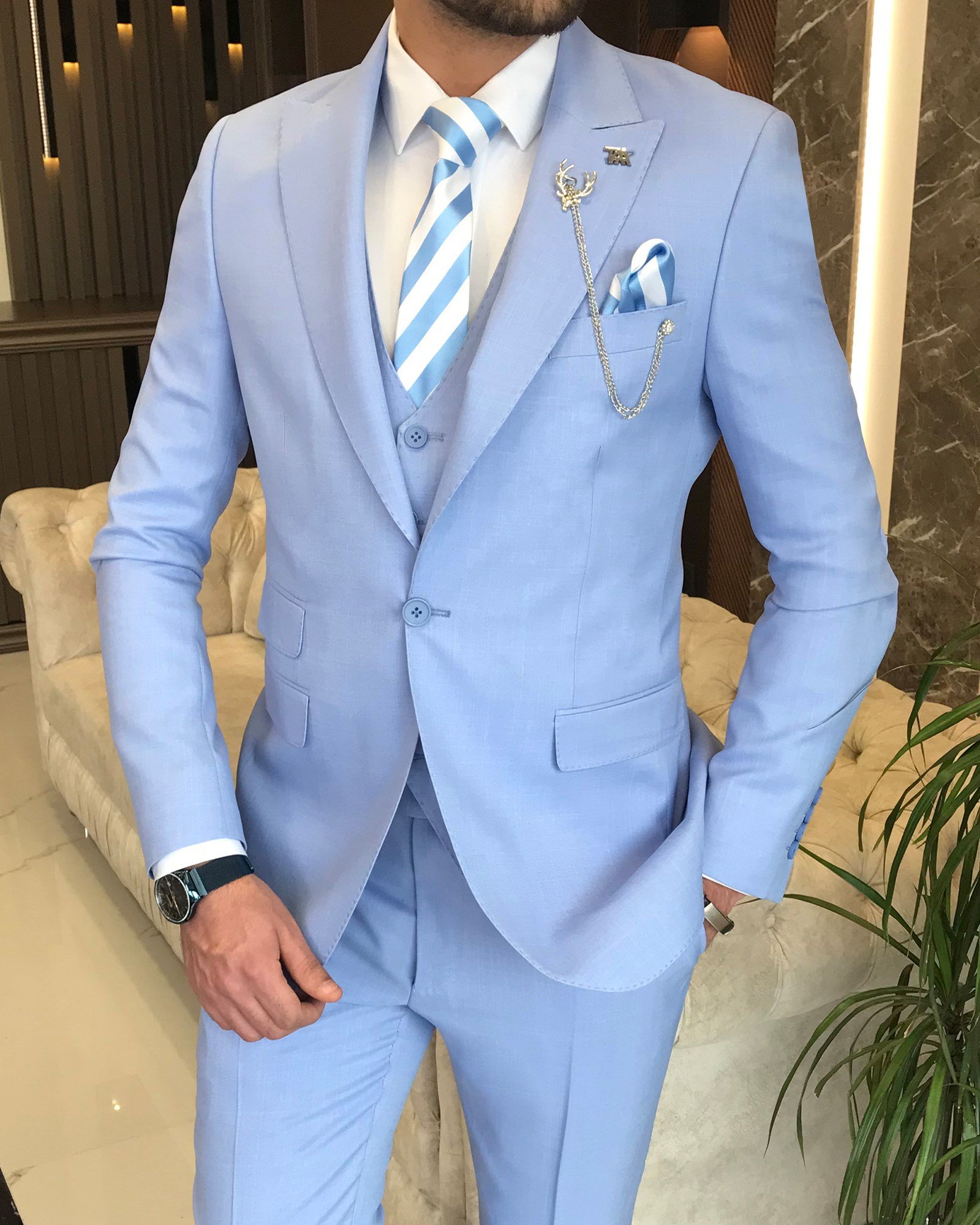 İtalyan stil  ceket yelek pantolon takım elbise Mavi T8634