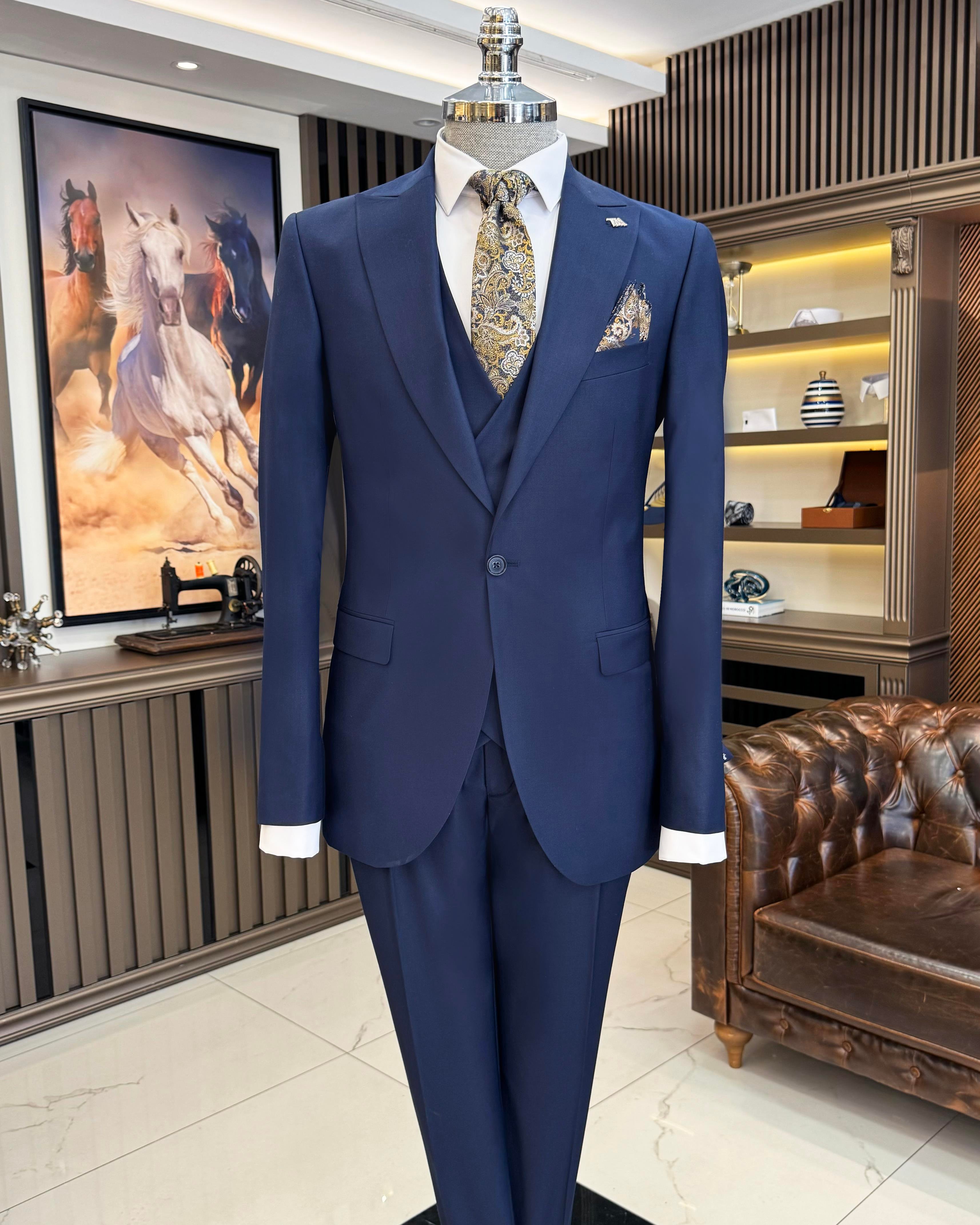 Italian style jacket vest pant suit Navy Blue T9932