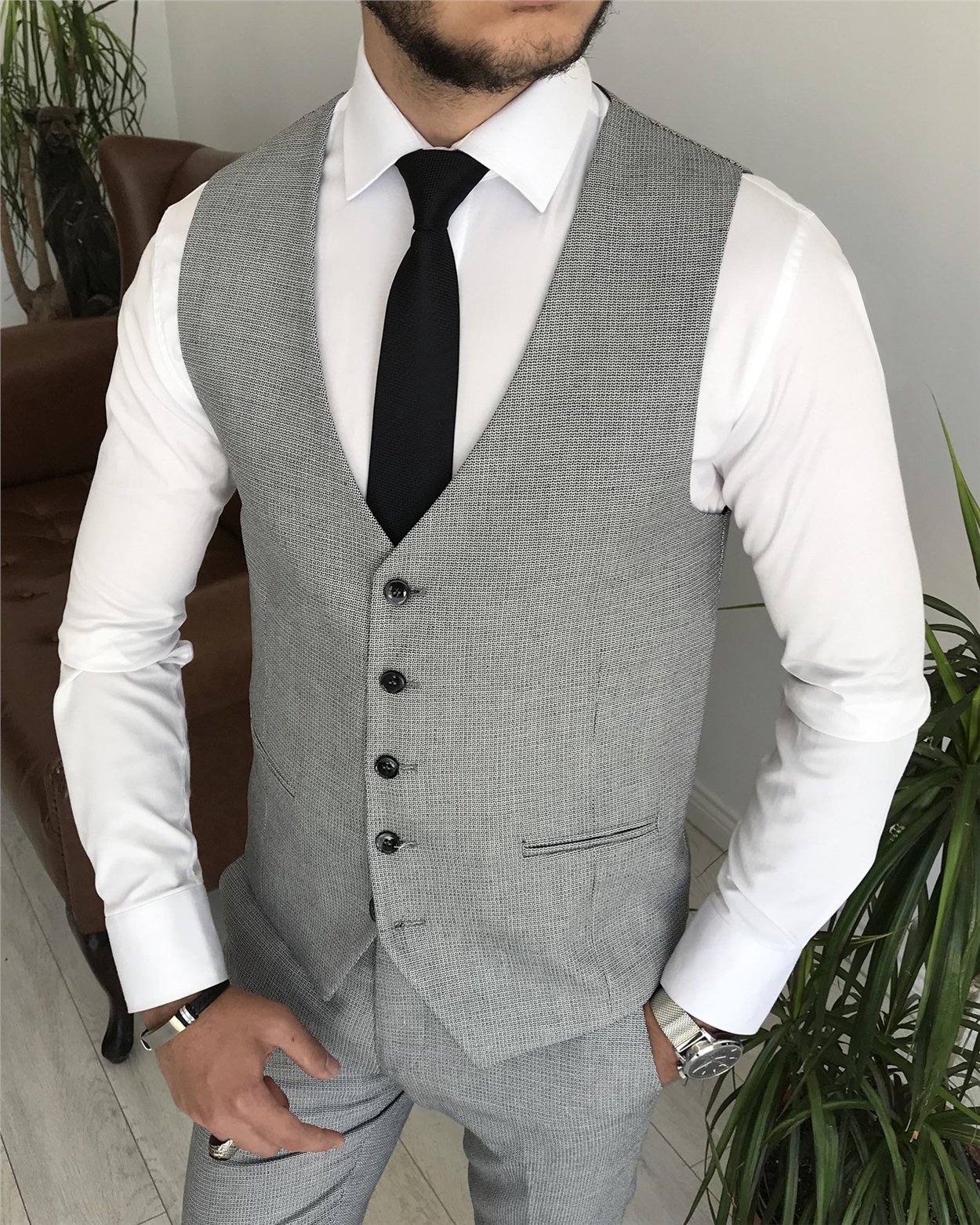 İtalyan stil ceket yelek pantolon takım elbise Gri T7670