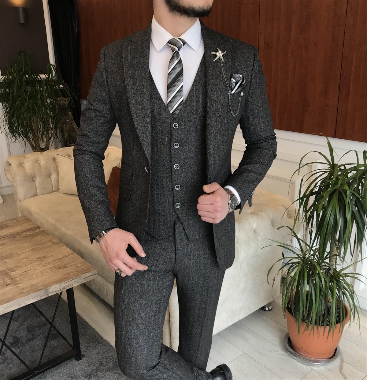 İtalyan stil ceket yelek pantolon takım elbise antrasit T6994