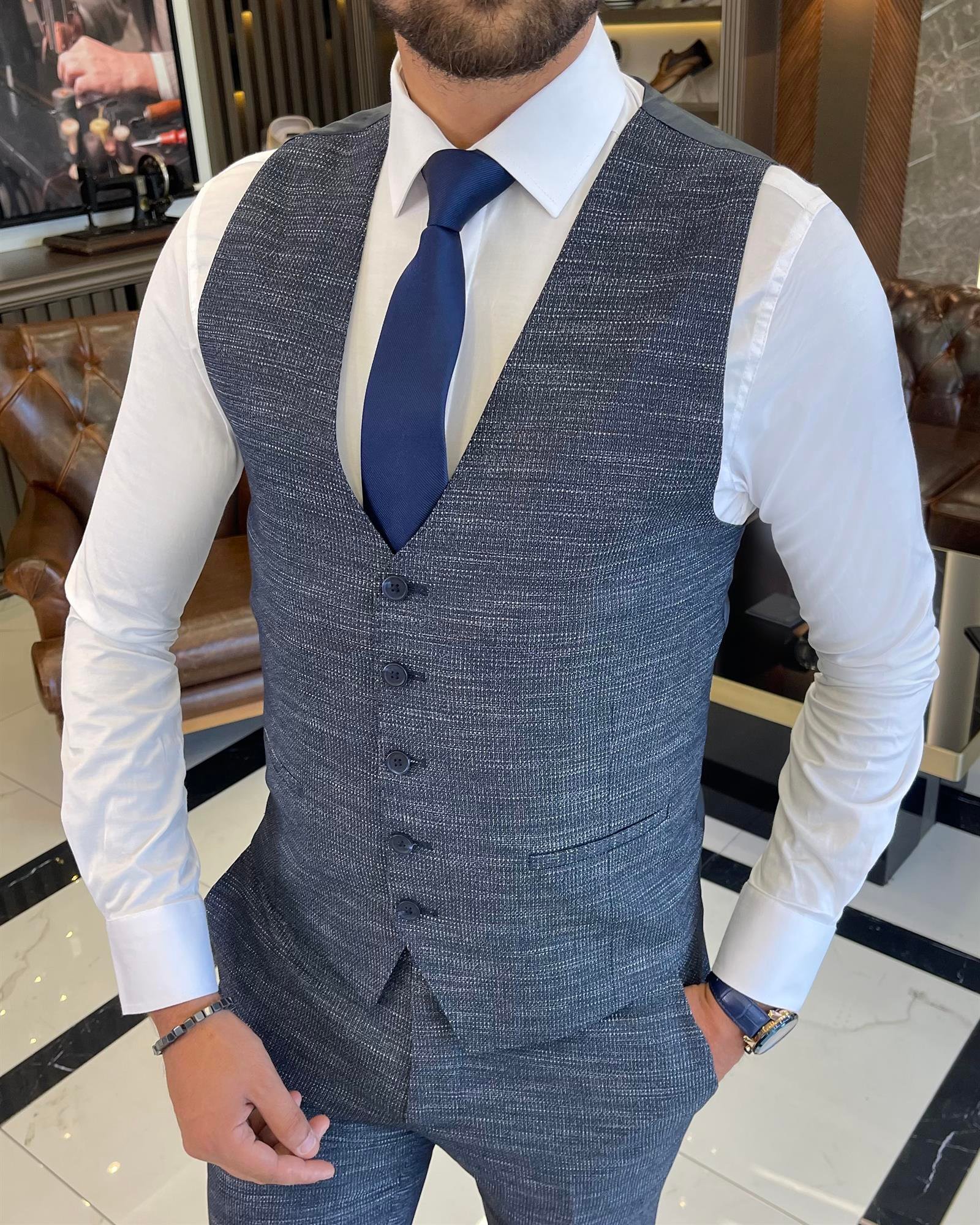 Italian Style Jacket Vest Pants Suit Navy Blue T8630