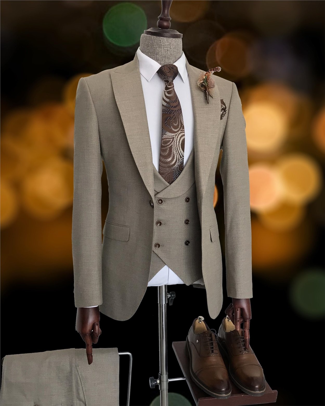 İtalyan stil ceket yelek pantolon takım elbise Vizon T7930