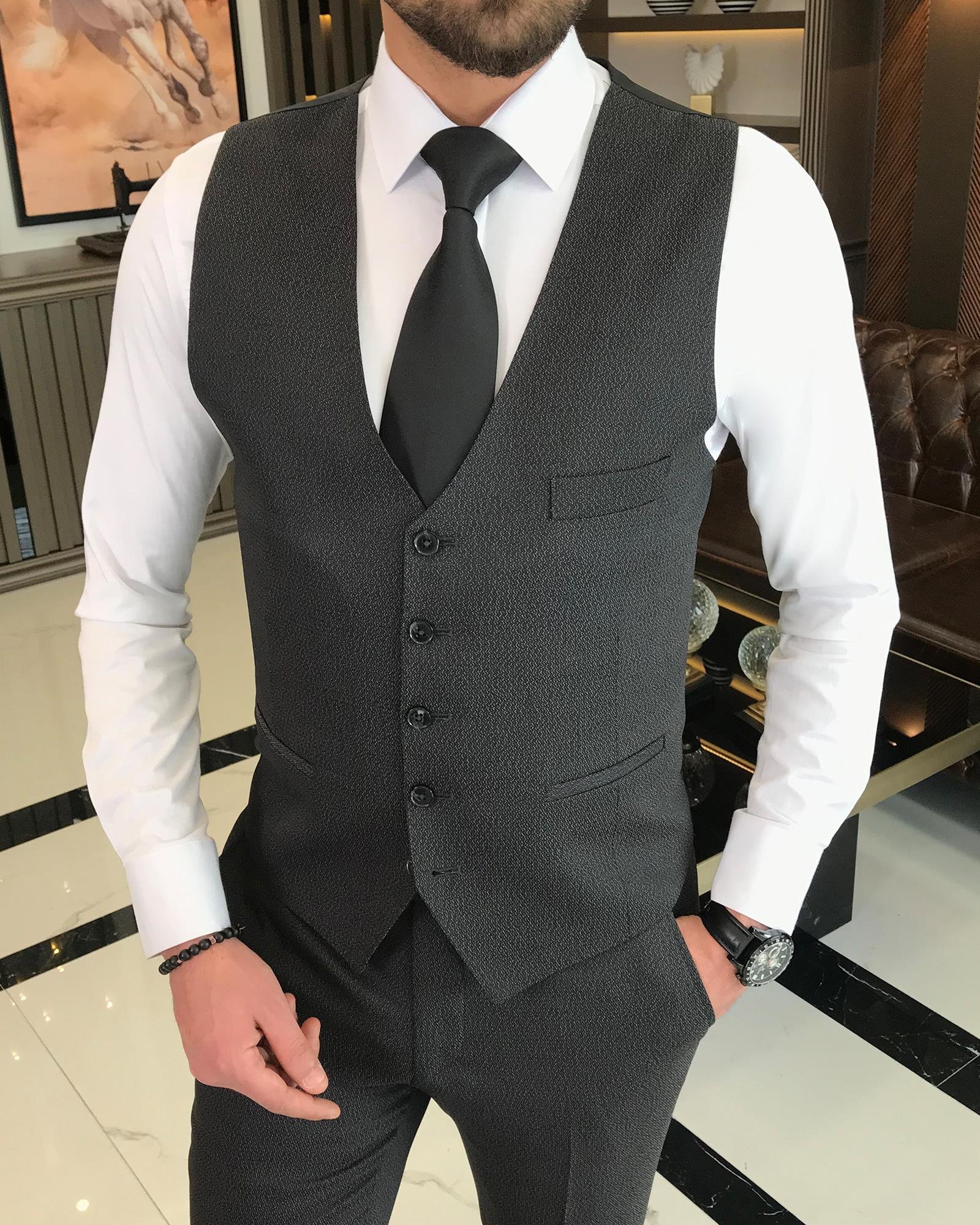 Italian Style Jacket Vest Trousers Suit Black T8628